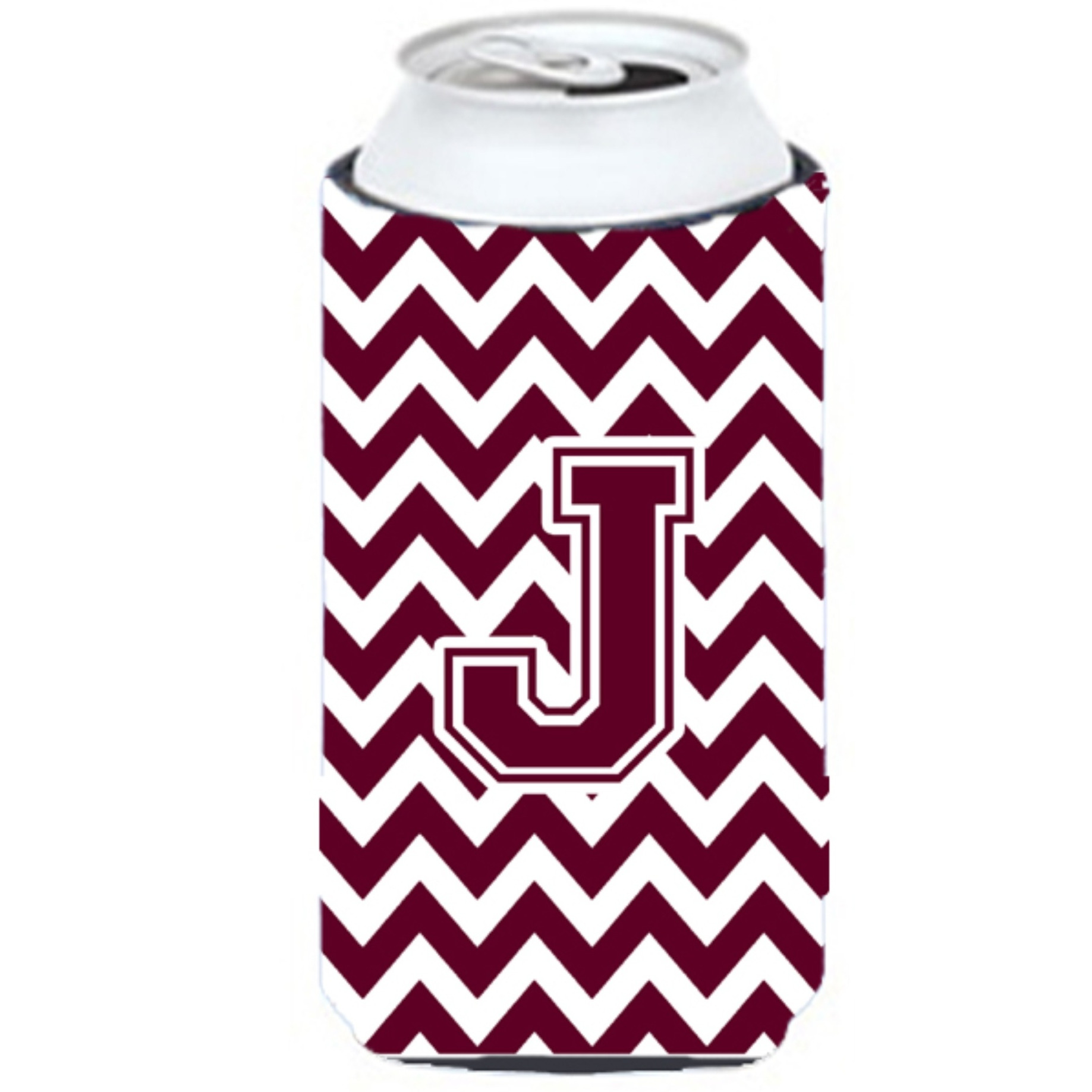 Letter J Chevron Maroon and White  Tall Boy Beverage Insulator Hugger CJ1051-JTBC