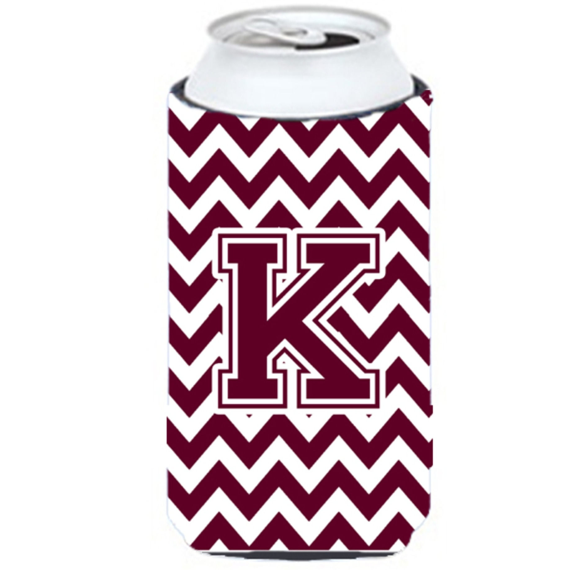 Letter K Chevron Maroon and White  Tall Boy Beverage Insulator Hugger CJ1051-KTBC