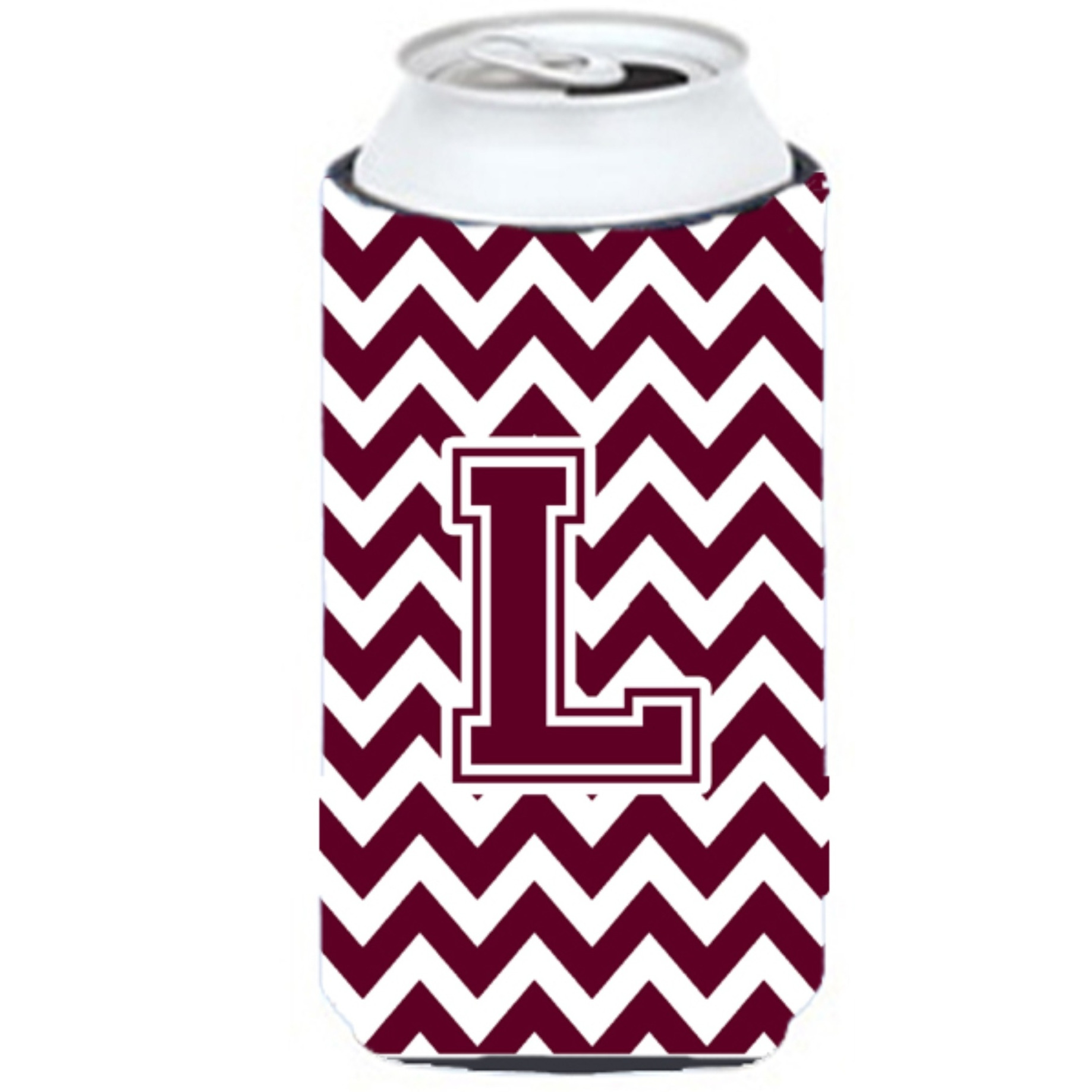 Letter L Chevron Maroon and White  Tall Boy Beverage Insulator Hugger CJ1051-LTBC