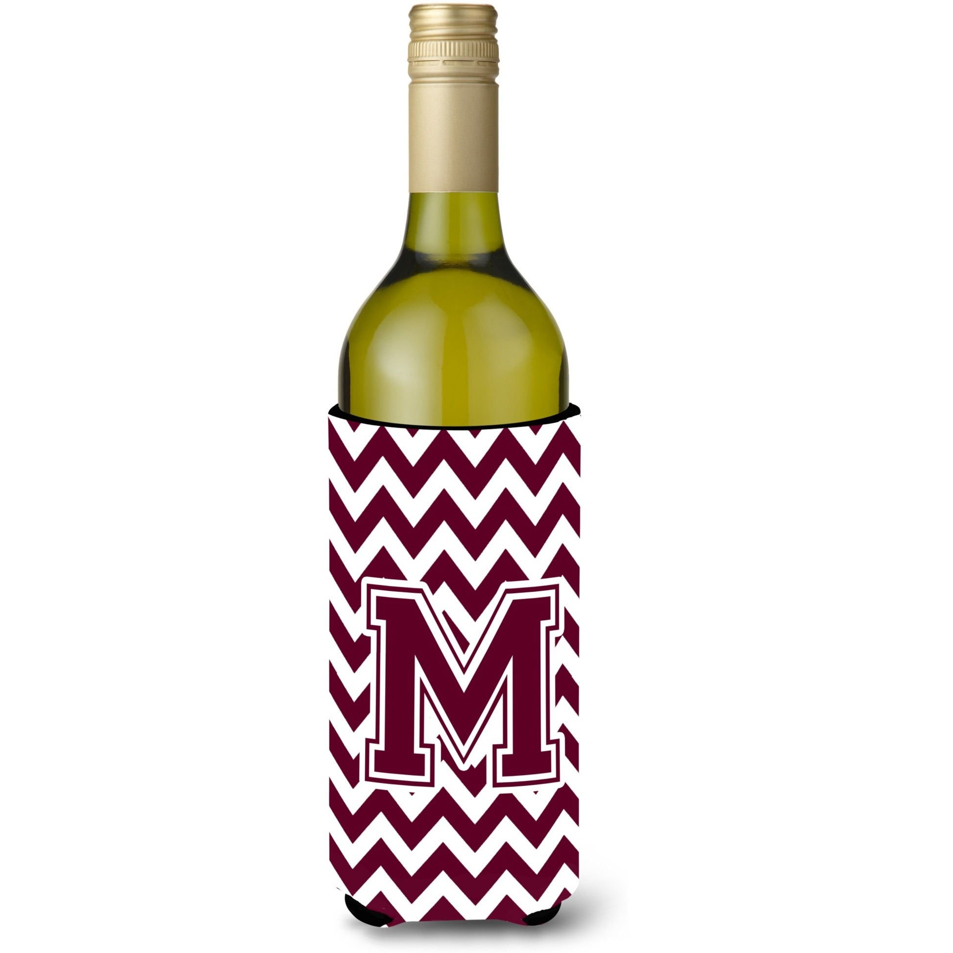 Letter M Chevron Maroon and White  Wine Bottle Beverage Insulator Hugger CJ1051-MLITERK