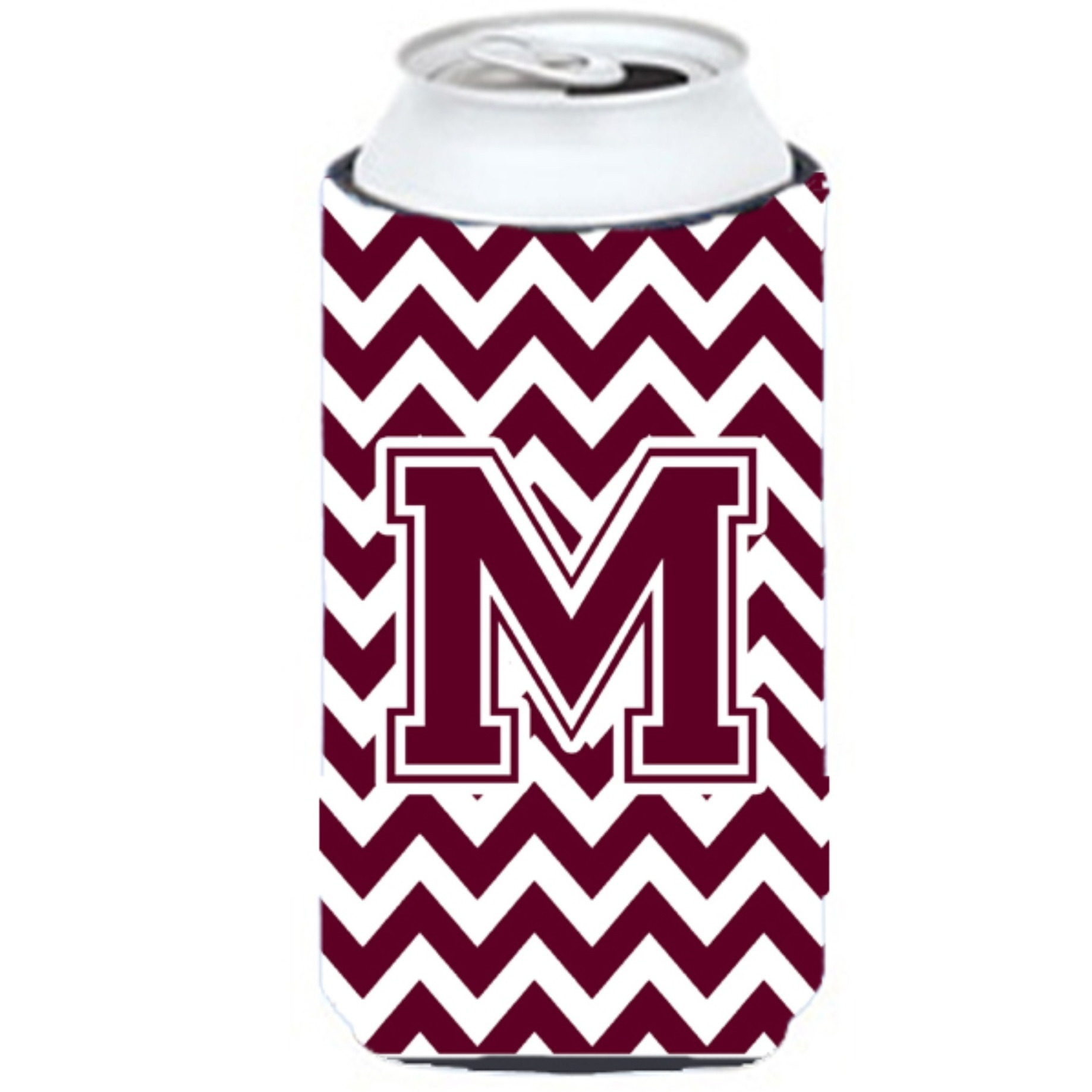 Letter M Chevron Maroon and White  Tall Boy Beverage Insulator Hugger CJ1051-MTBC