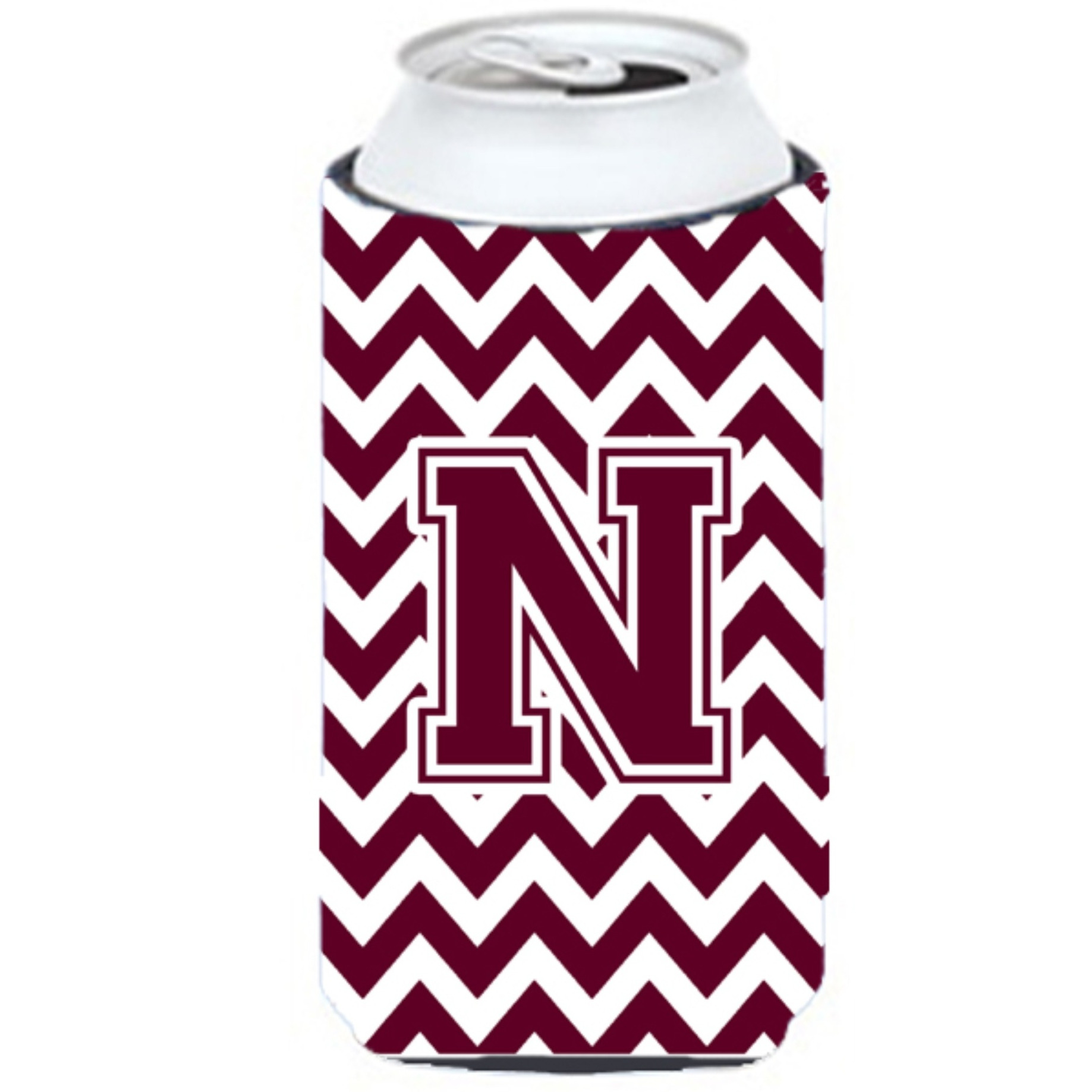 Letter N Chevron Maroon and White  Tall Boy Beverage Insulator Hugger CJ1051-NTBC