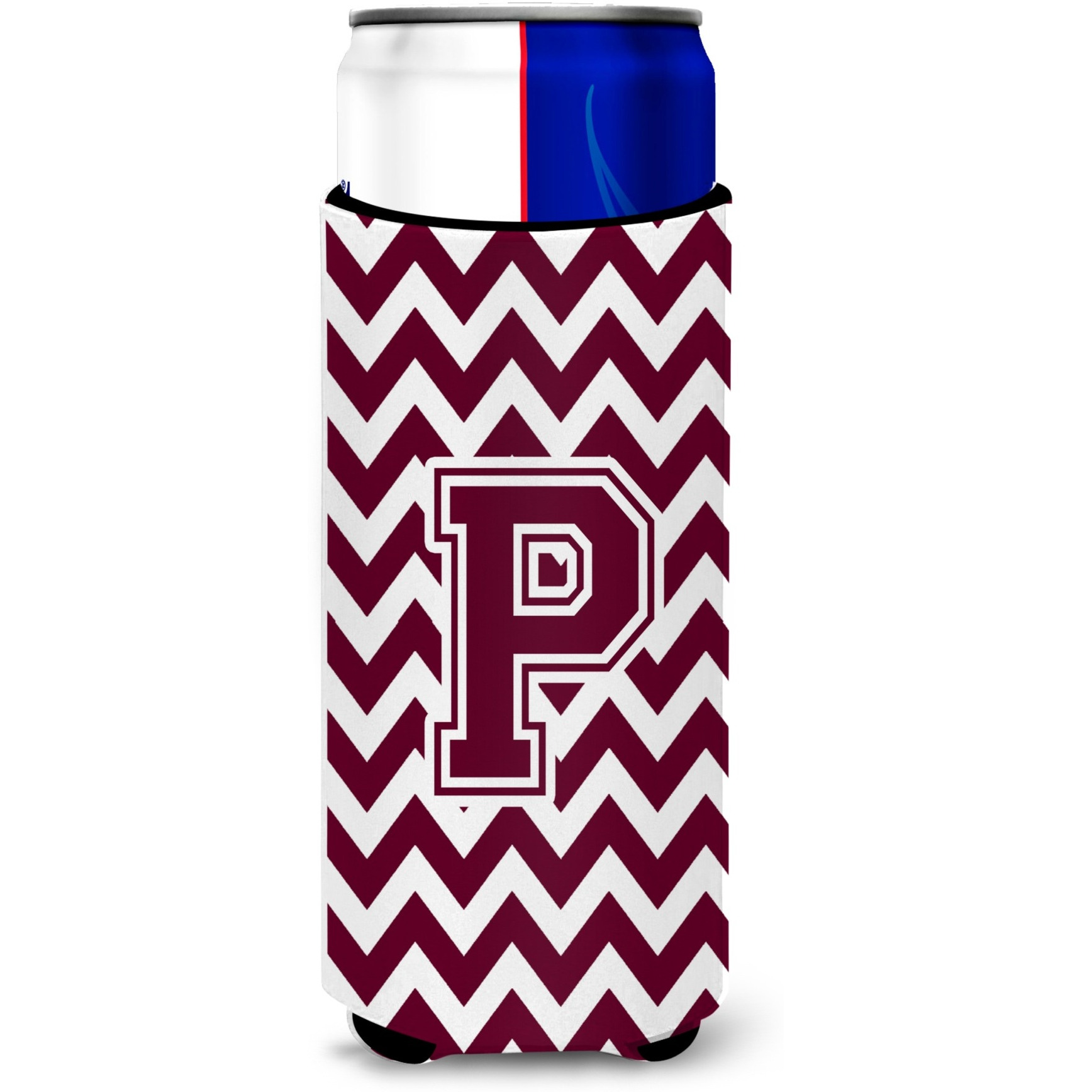 Letter P Chevron Maroon and White  Ultra Beverage Insulators for slim cans CJ1051-PMUK