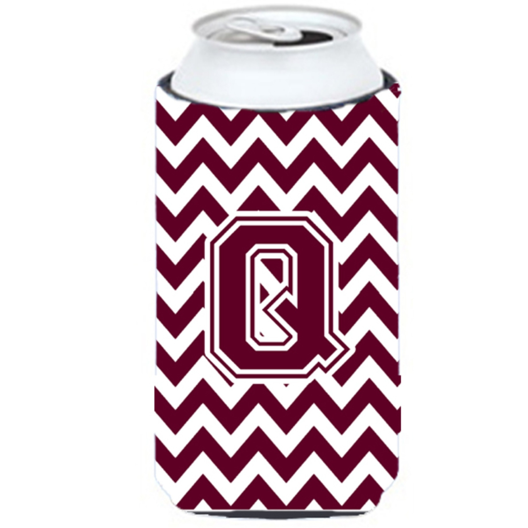 Letter Q Chevron Maroon and White  Tall Boy Beverage Insulator Hugger CJ1051-QTBC