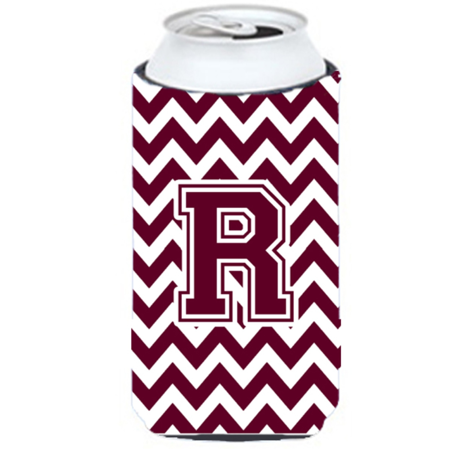 Letter R Chevron Maroon and White  Tall Boy Beverage Insulator Hugger CJ1051-RTBC