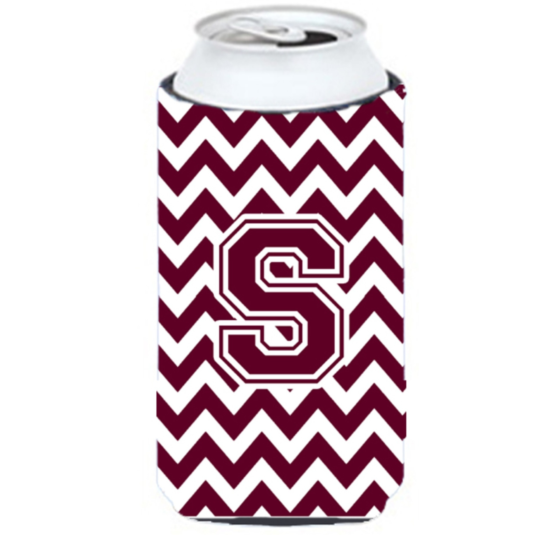 Letter S Chevron Maroon and White  Tall Boy Beverage Insulator Hugger CJ1051-STBC