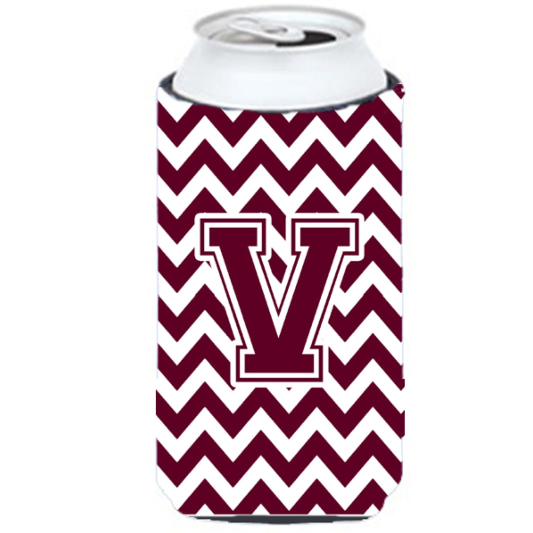Letter V Chevron Maroon and White  Tall Boy Beverage Insulator Hugger CJ1051-VTBC