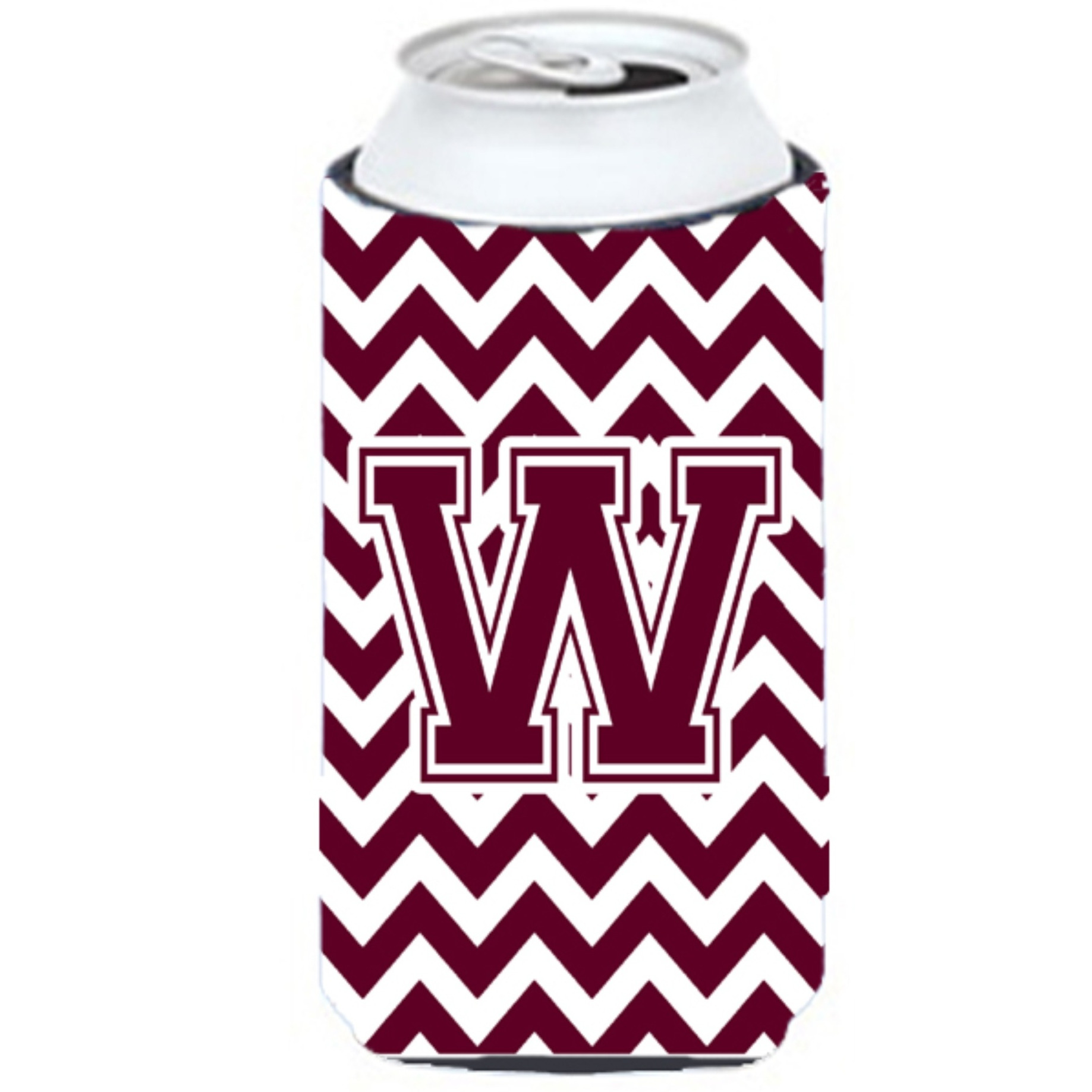 Letter W Chevron Maroon and White  Tall Boy Beverage Insulator Hugger CJ1051-WTBC