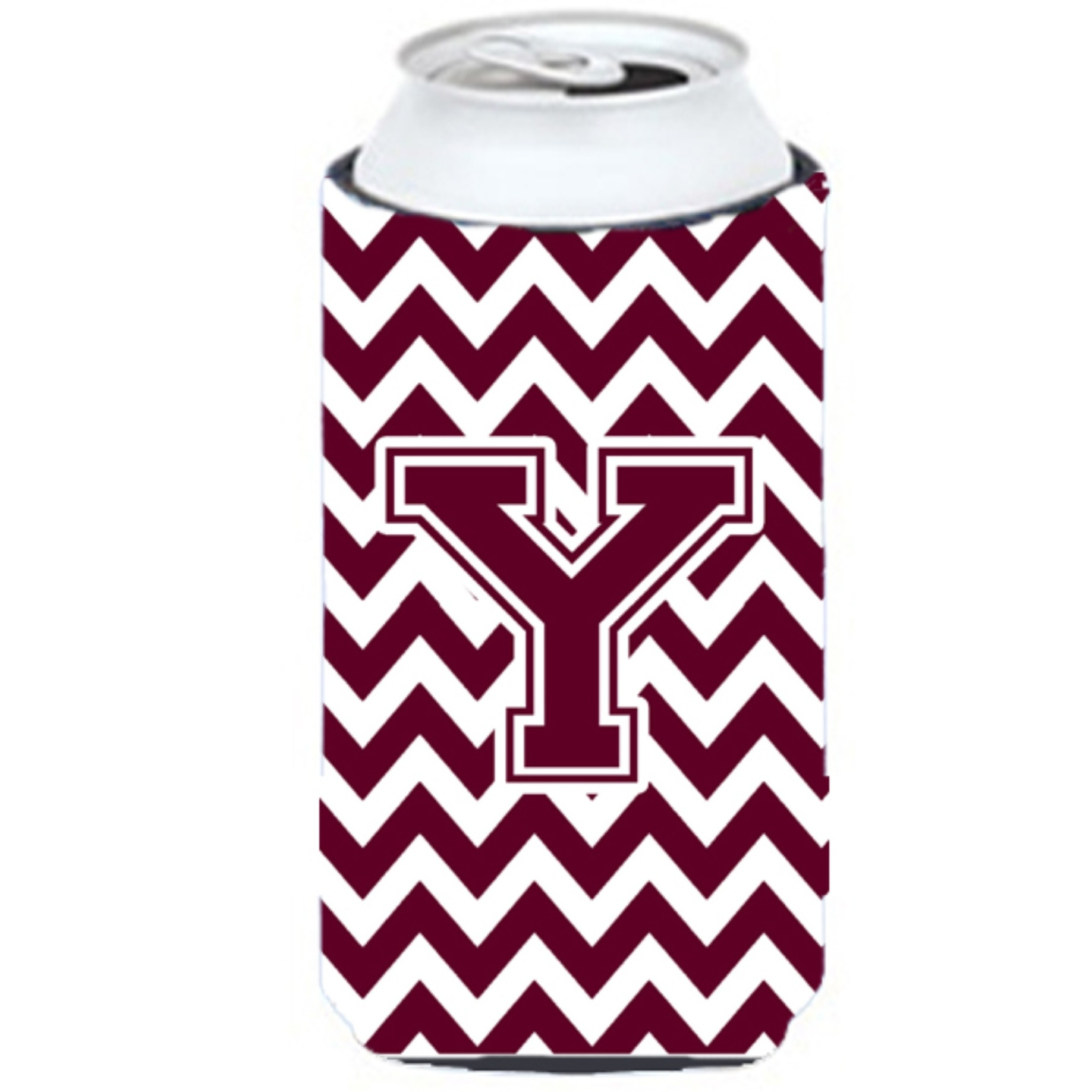 Letter Y Chevron  Maroon and White  Tall Boy Beverage Insulator Hugger CJ1051-YTBC