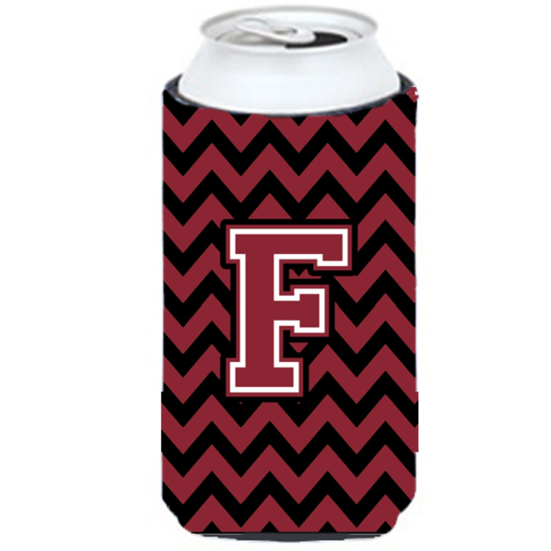 Letter F Chevron Garnet and Black  Tall Boy Beverage Insulator Hugger CJ1052-FTBC