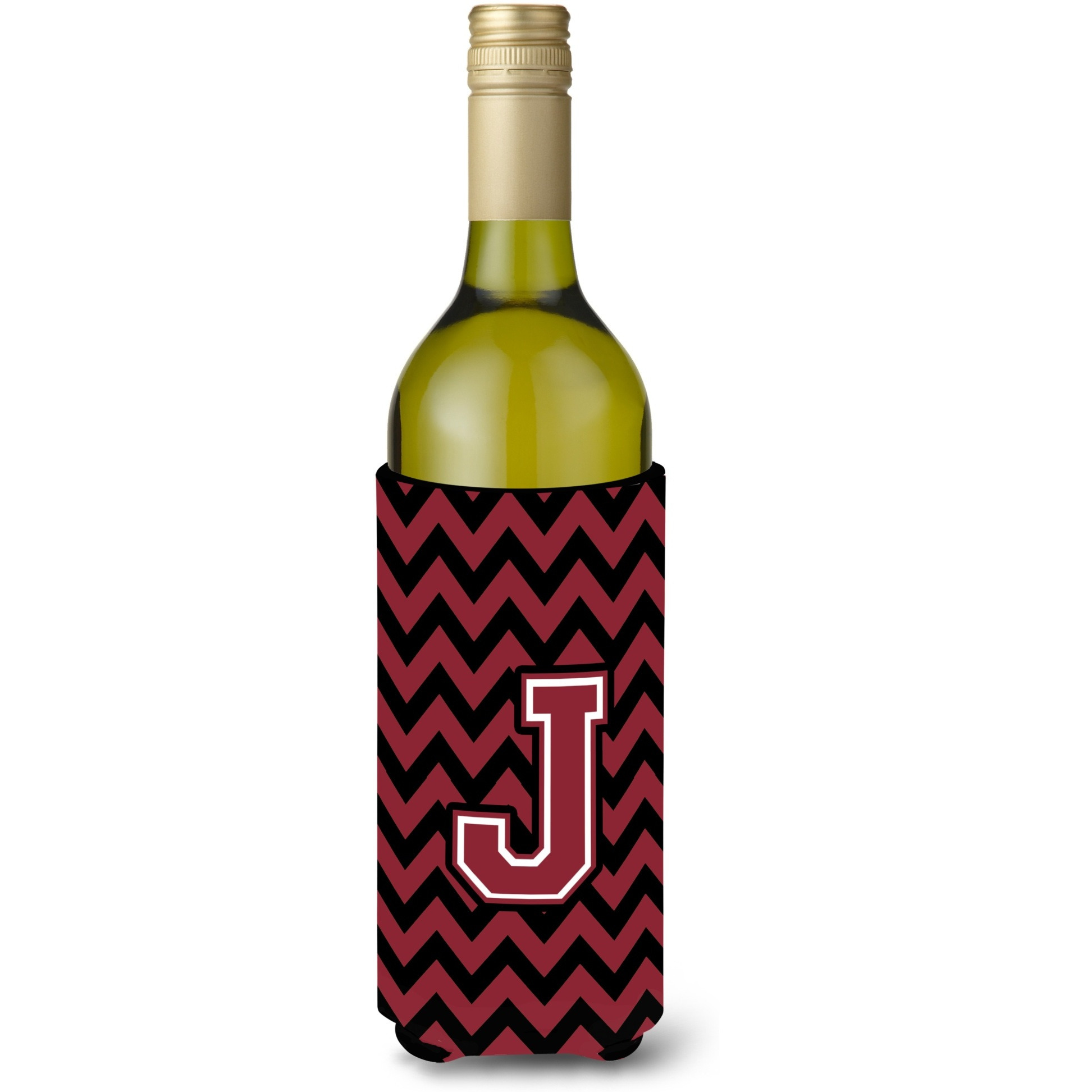 Letter J Chevron Garnet and Black  Wine Bottle Beverage Insulator Hugger CJ1052-JLITERK