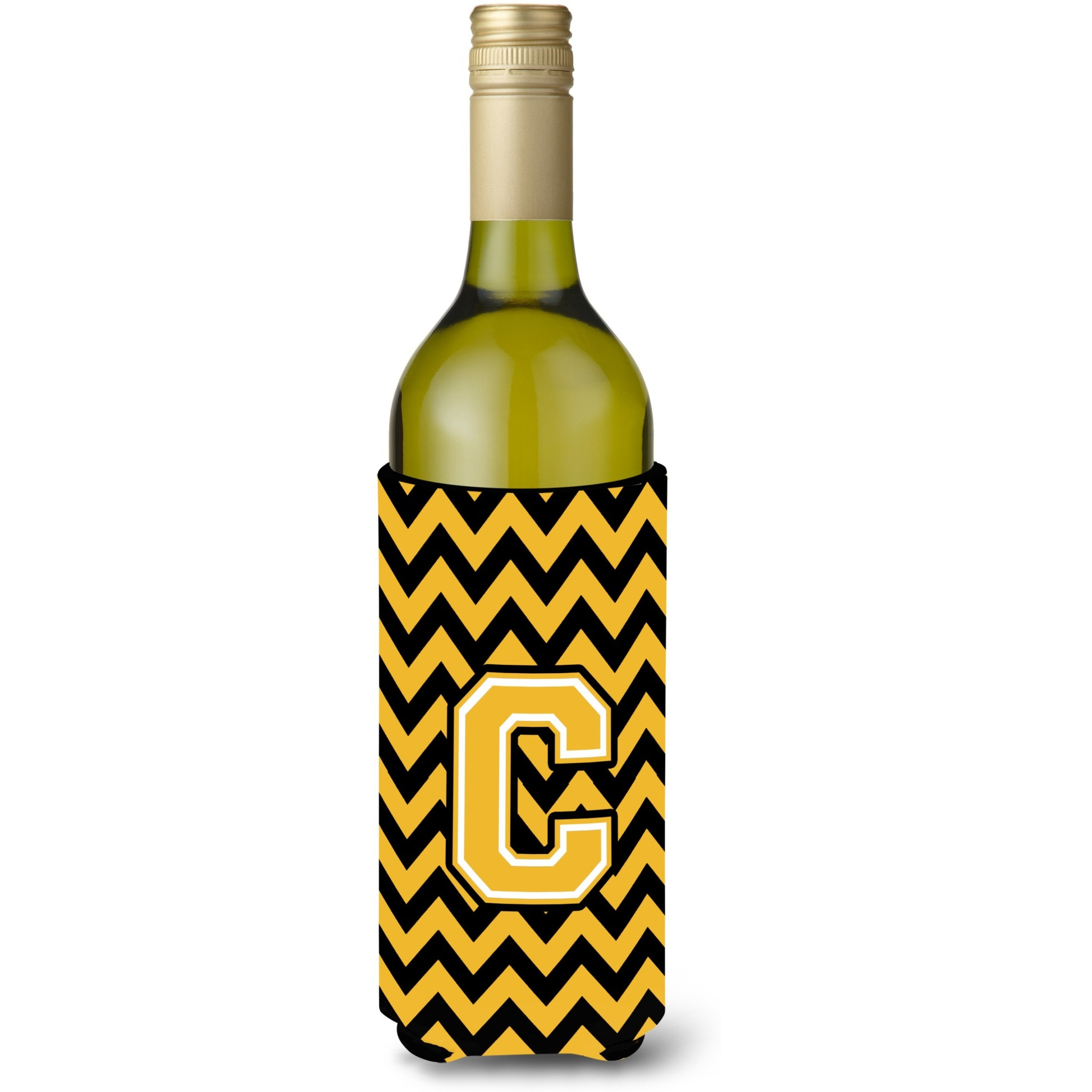 Letter C Chevron Black and Gold Wine Bottle Beverage Insulator Hugger CJ1053-CLITERK