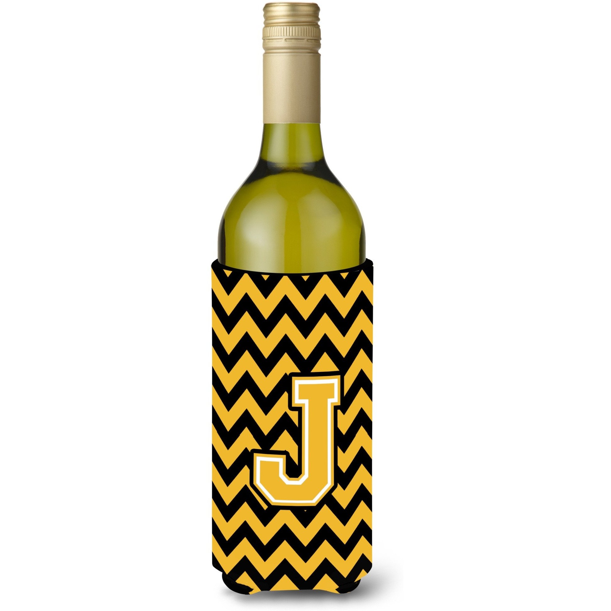 Letter J Chevron Black and Gold Wine Bottle Beverage Insulator Hugger CJ1053-JLITERK