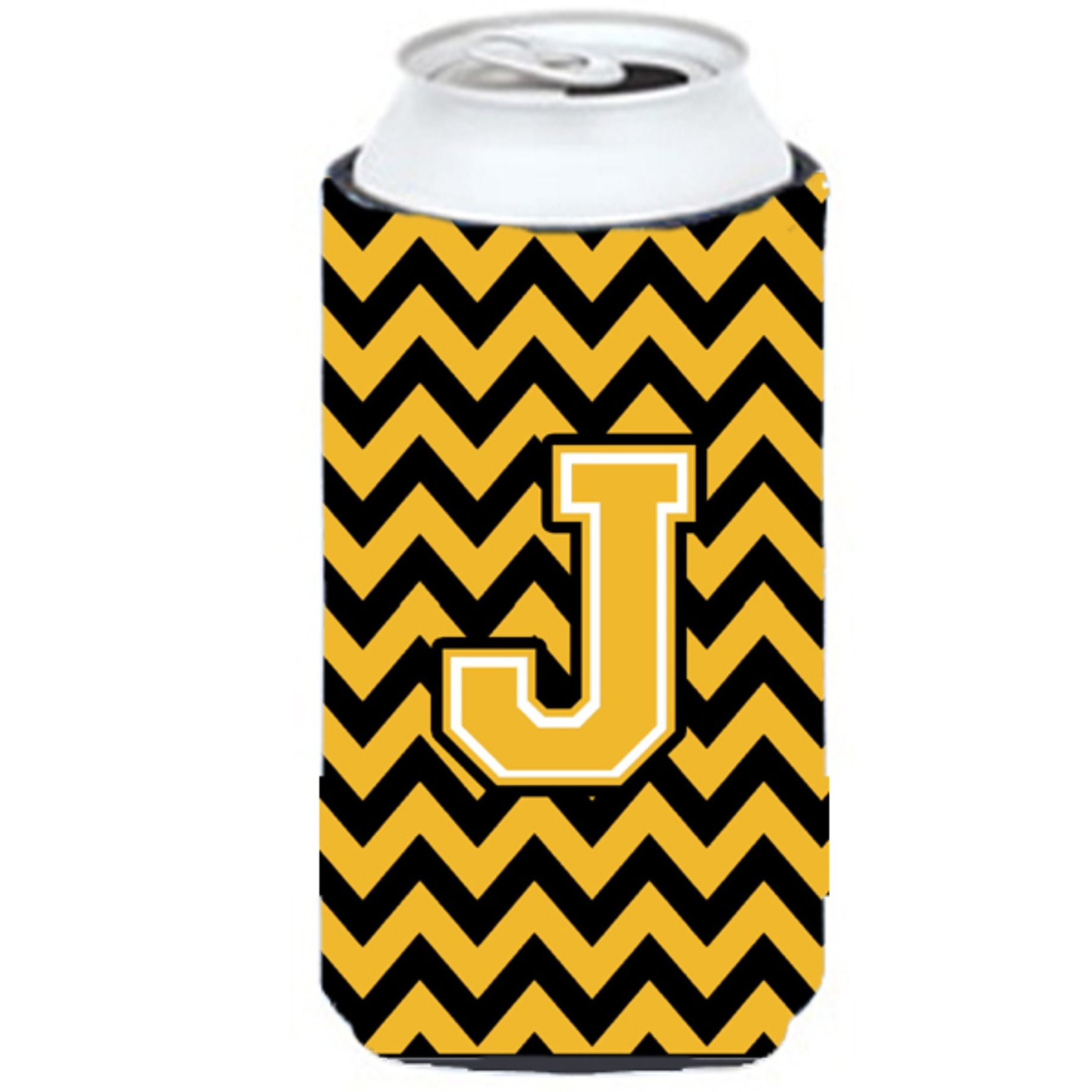 Letter J Chevron Black and Gold Tall Boy Beverage Insulator Hugger CJ1053-JTBC
