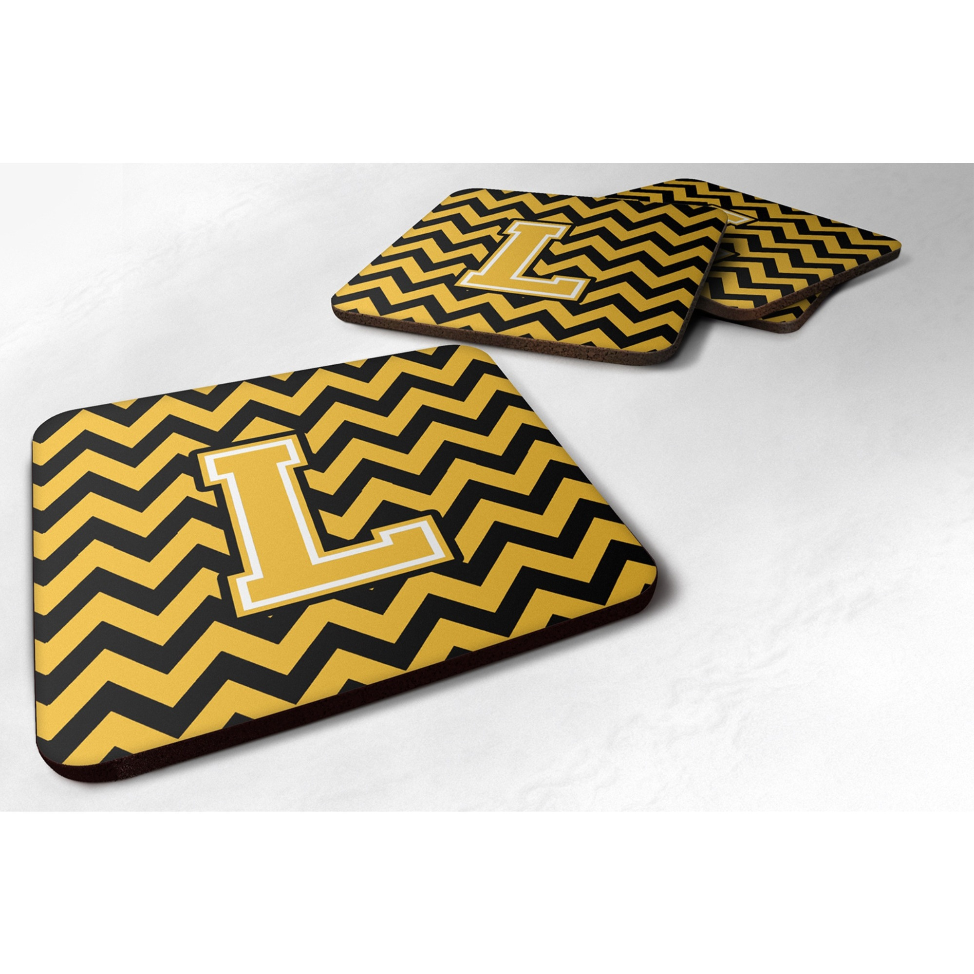 &quotCaroline's Treasures CJ1053-LFC Letter L Chevron Black and Gold Foam Coaster (Set of 4), 3.5"", Multicolor"