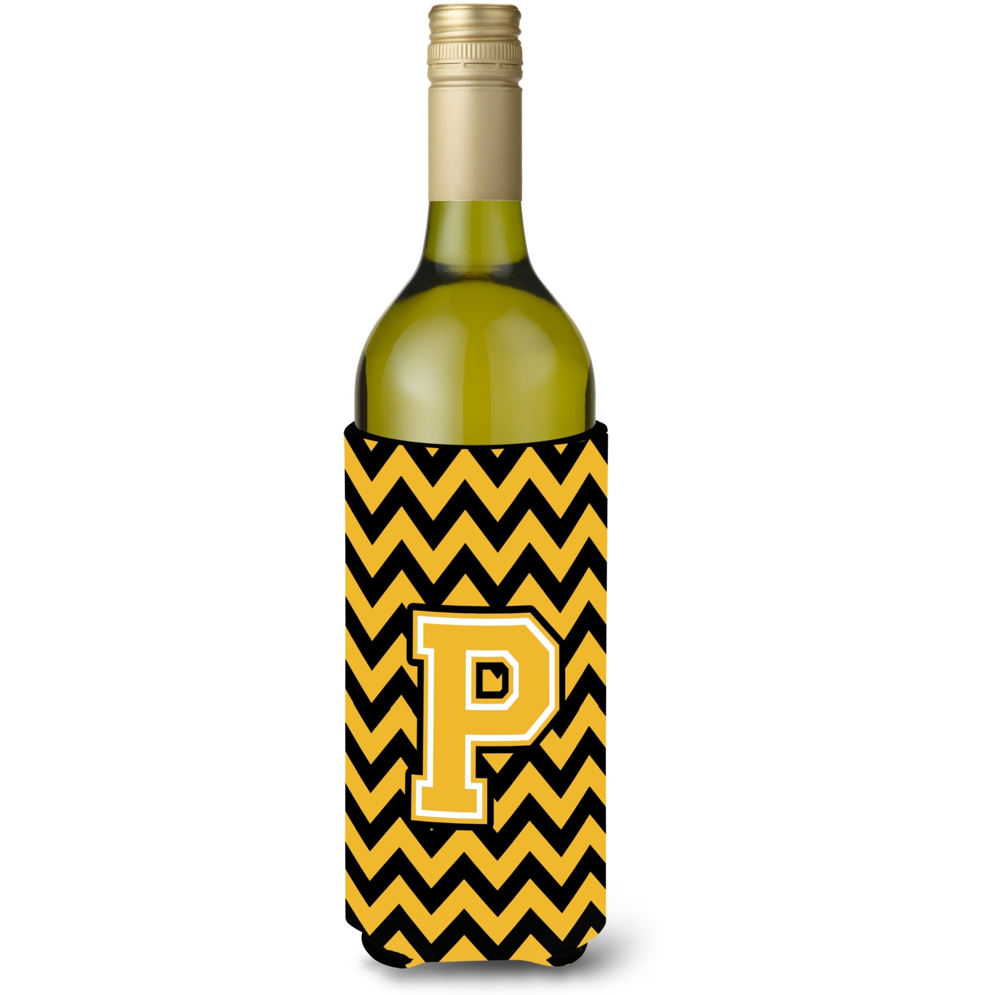 Letter P Chevron Black and Gold Wine Bottle Beverage Insulator Hugger CJ1053-PLITERK