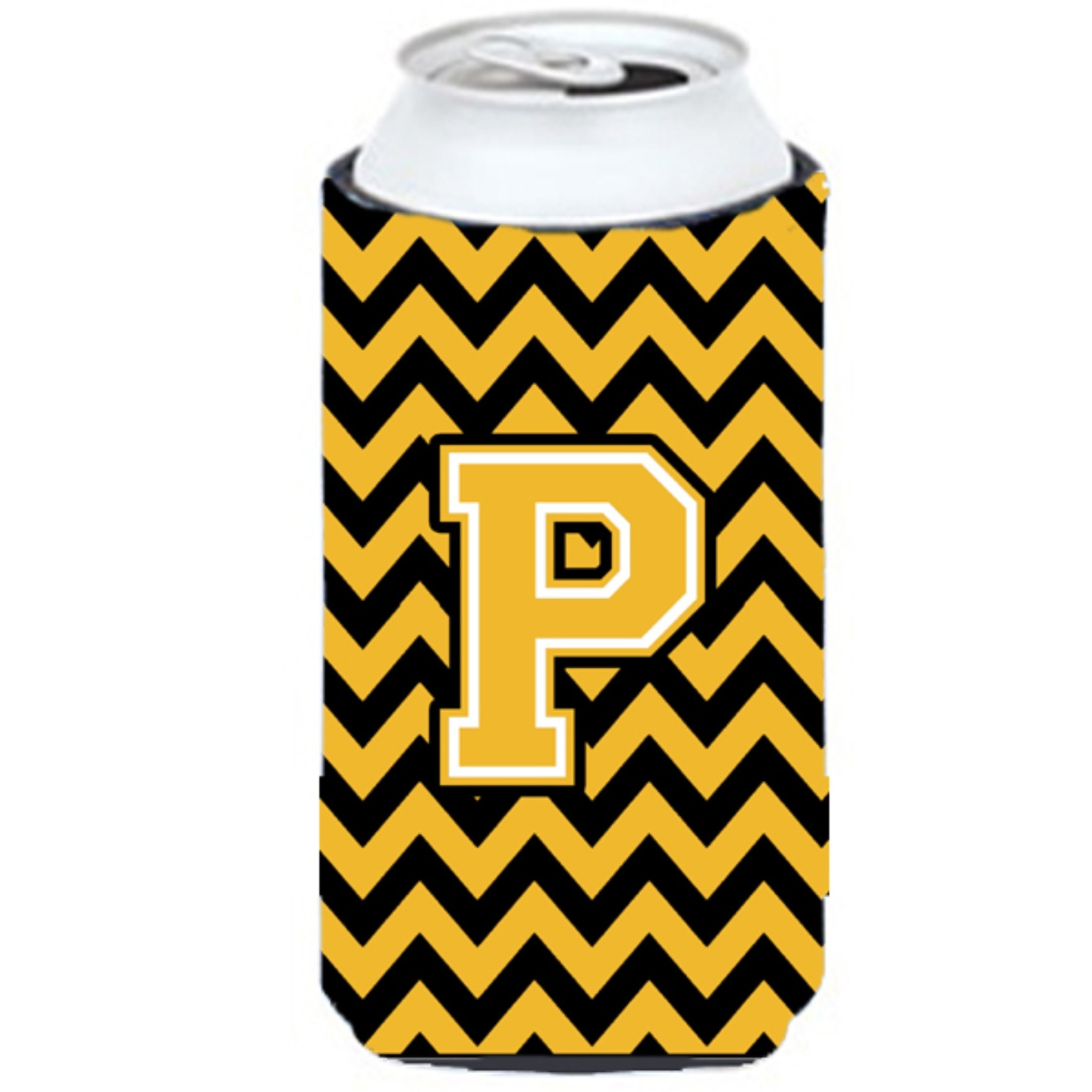 Letter P Chevron Black and Gold Tall Boy Beverage Insulator Hugger CJ1053-PTBC