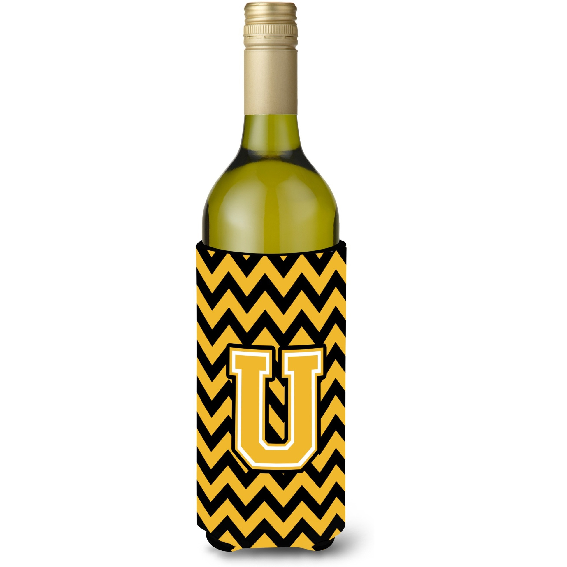 Letter U Chevron Black and Gold Wine Bottle Beverage Insulator Hugger CJ1053-ULITERK