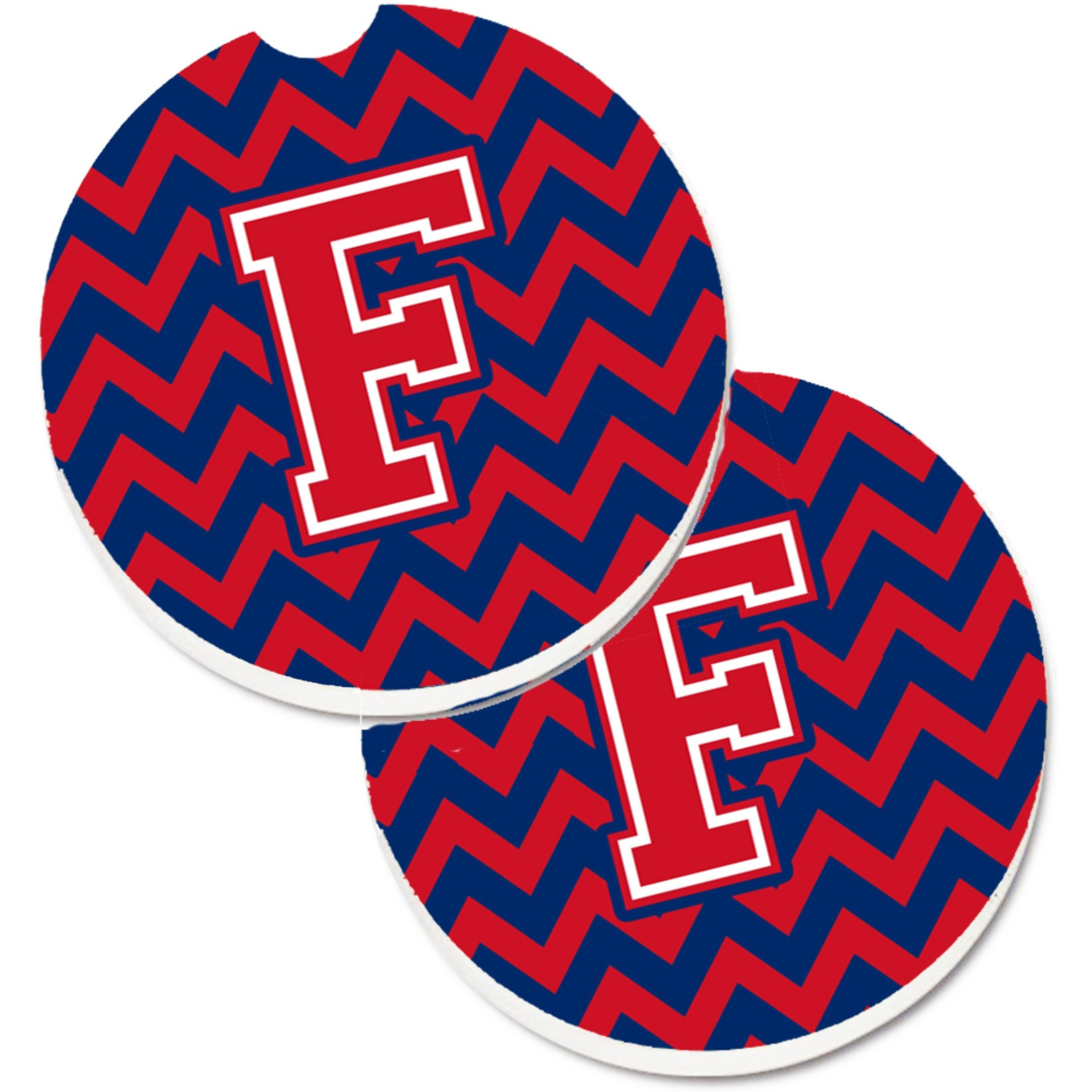 &quotCaroline's Treasures Letter F Chevron Yale Blue & Crimson Set of 2 Cup Holder Car Coasters CJ1054-FCARC, 2.56, Multicolor"