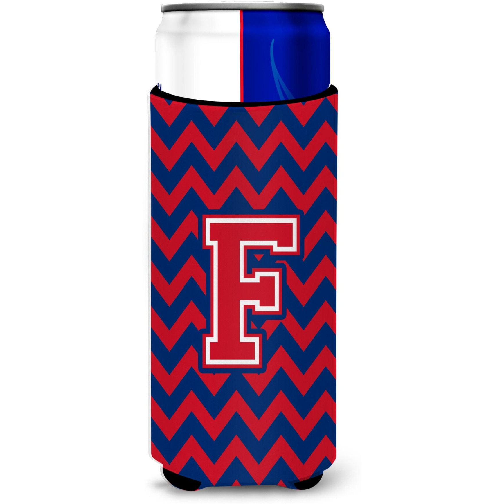 Letter F Chevron Yale Blue and Crimson Ultra Beverage Insulators for slim cans CJ1054-FMUK