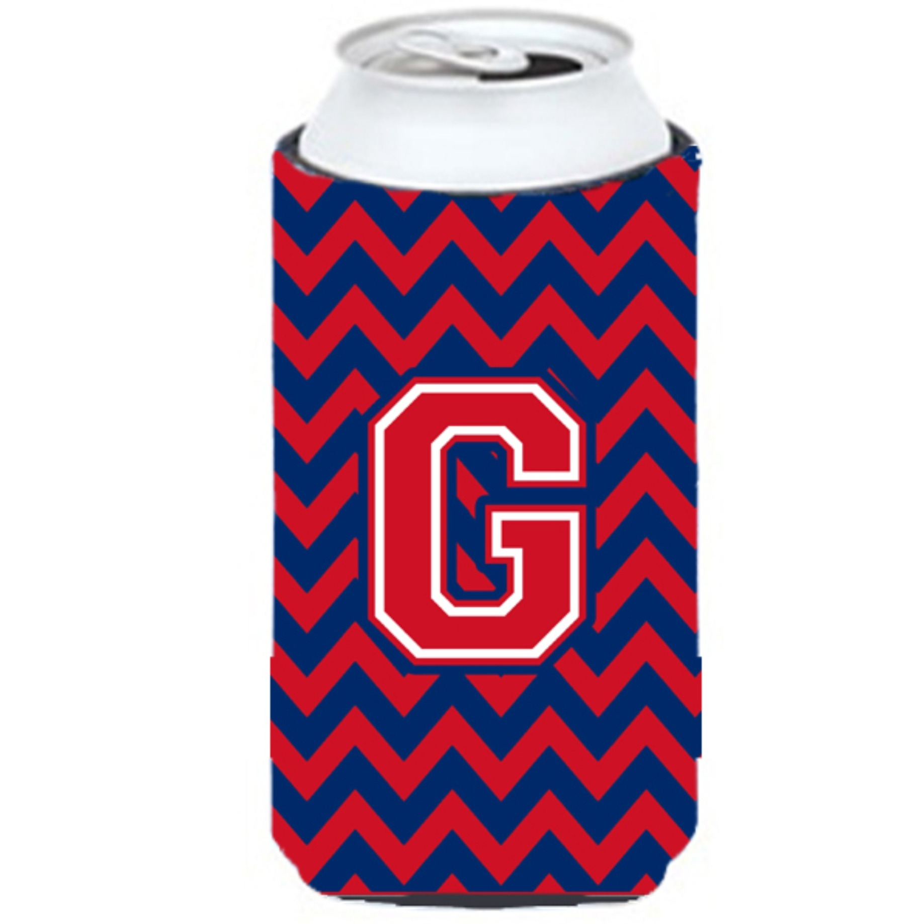 Letter G Chevron Yale Blue and Crimson Tall Boy Beverage Insulator Hugger CJ1054-GTBC