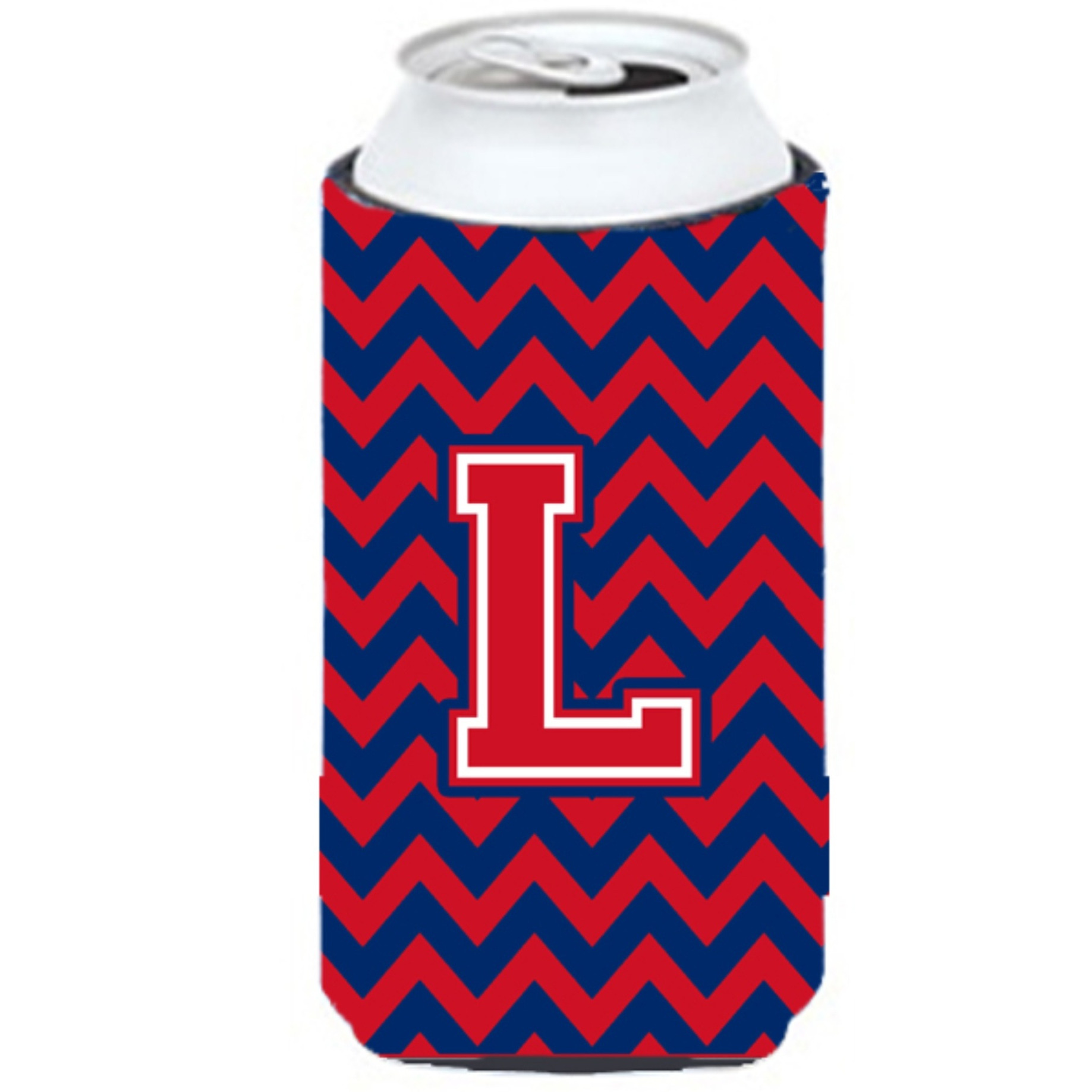 Letter L Chevron Yale Blue and Crimson Tall Boy Beverage Insulator Hugger CJ1054-LTBC