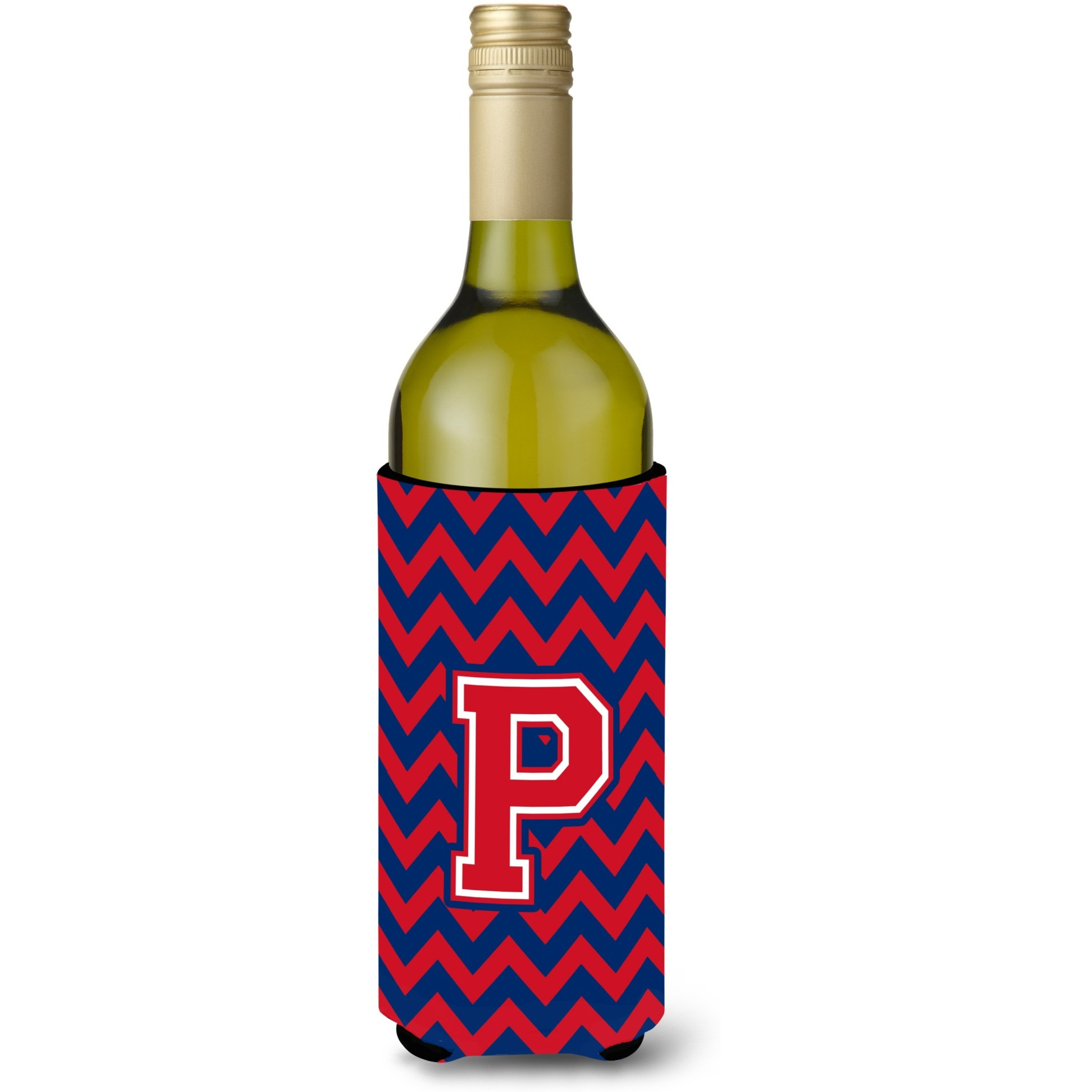 Letter P Chevron Yale Blue and Crimson Wine Bottle Beverage Insulator Hugger CJ1054-PLITERK