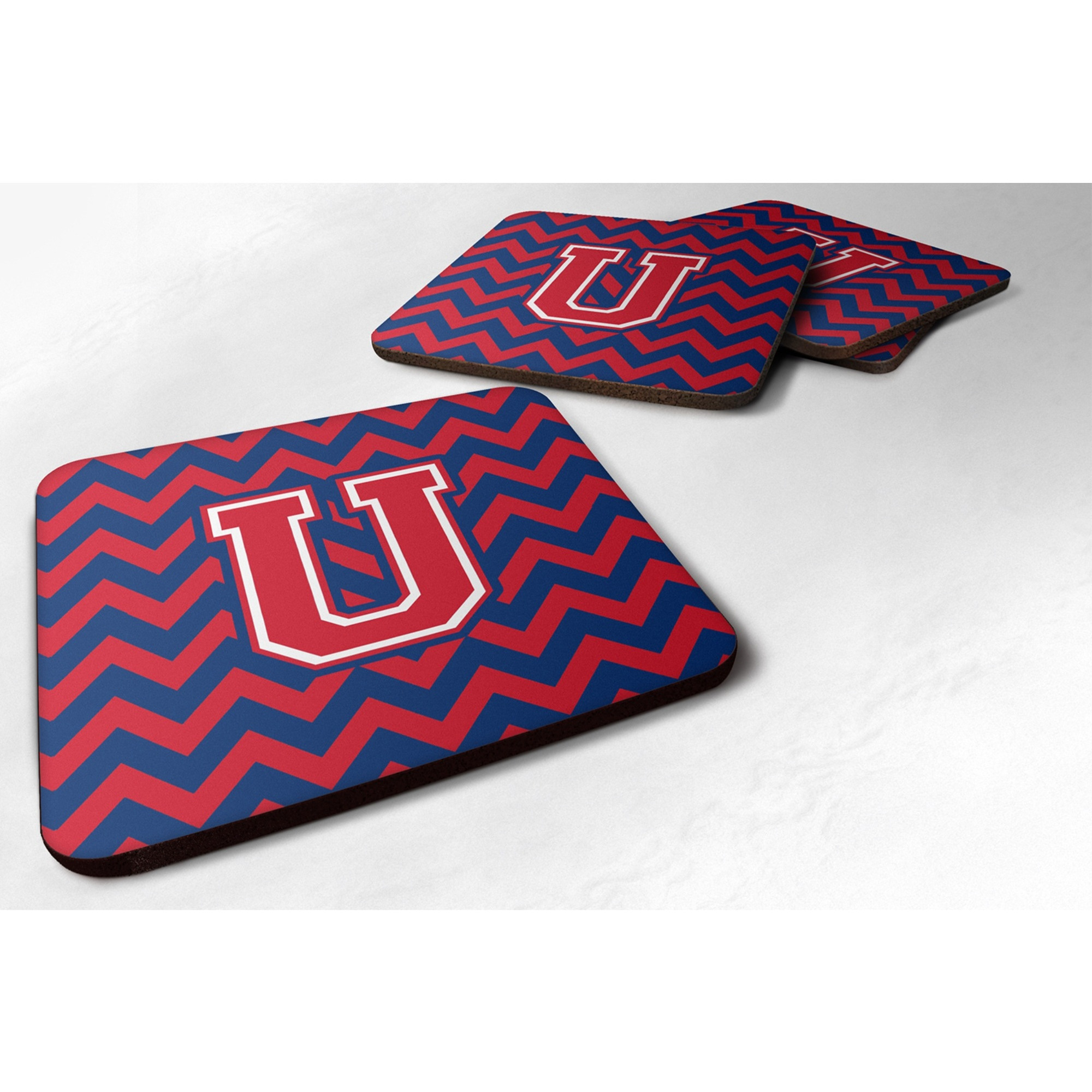 &quotCaroline's Treasures CJ1054-UFC Letter U Chevron Yale Blue and Crimson Foam Coaster (Set of 4), 3.5"", Multicolor"
