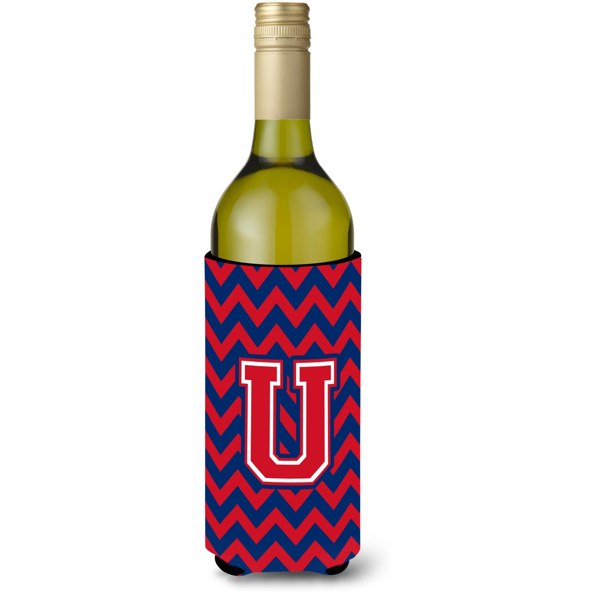 Letter U Chevron Yale Blue and Crimson Wine Bottle Beverage Insulator Hugger CJ1054-ULITERK