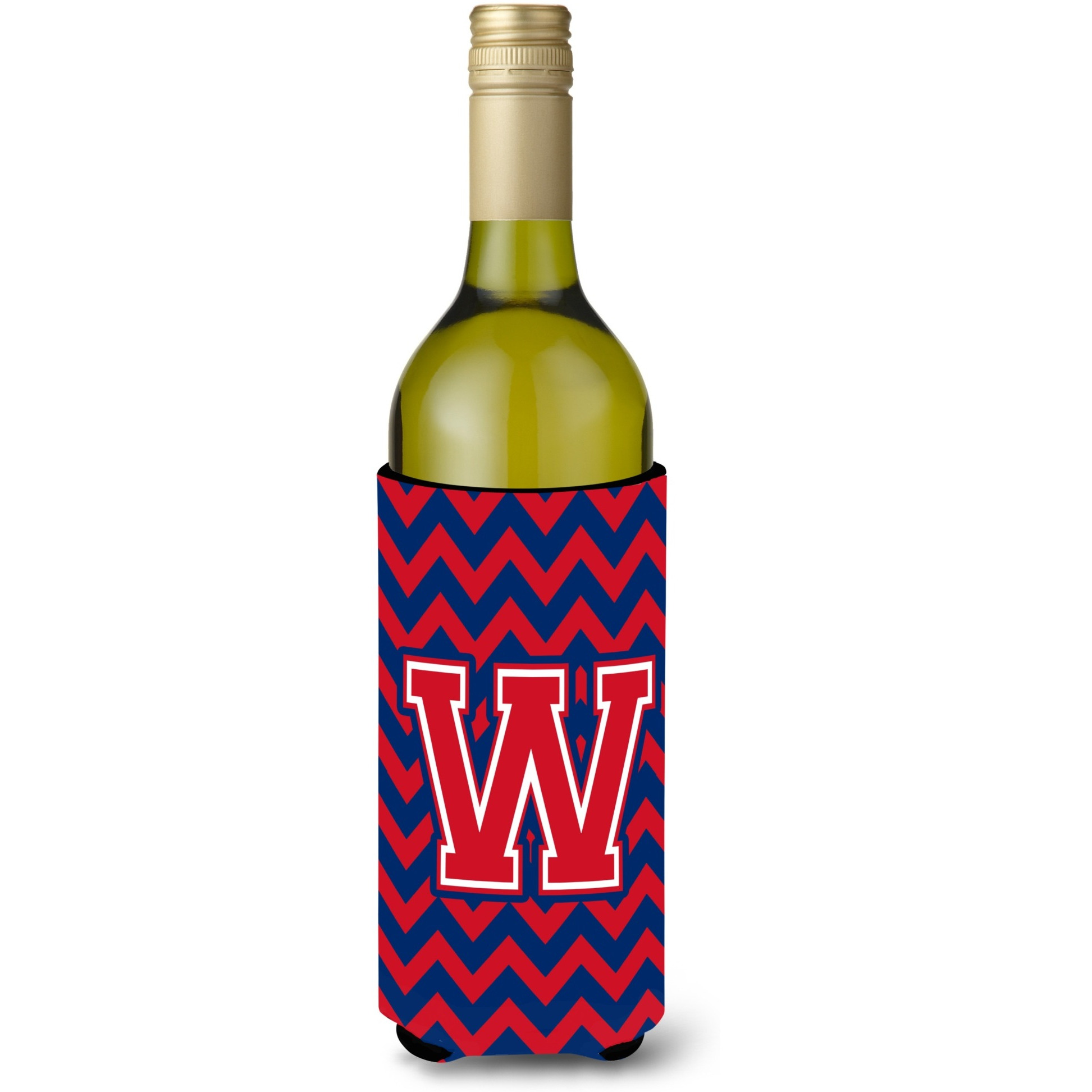 Letter W Chevron Yale Blue and Crimson Wine Bottle Beverage Insulator Hugger CJ1054-WLITERK