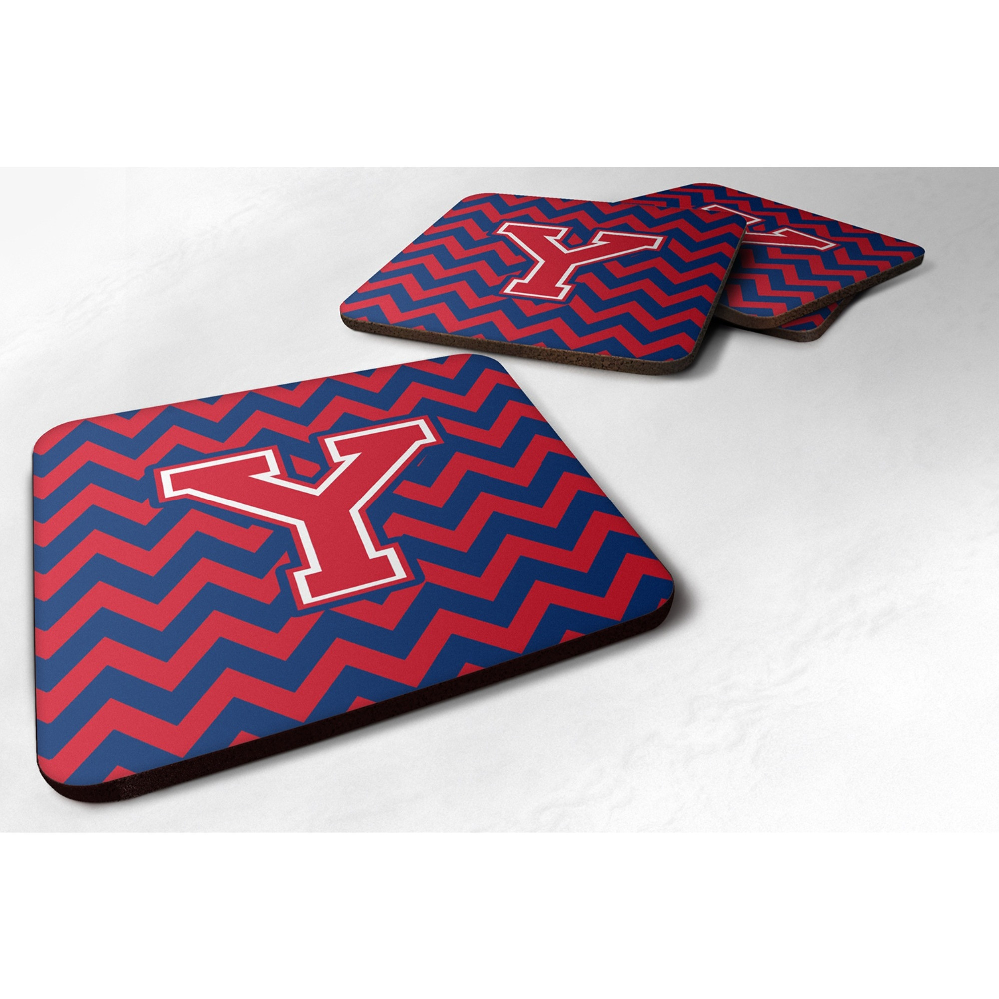 &quotCaroline's Treasures CJ1054-YFC Letter Y Chevron Yale Blue and Crimson Foam Coaster (Set of 4), 3.5"", Multicolor"