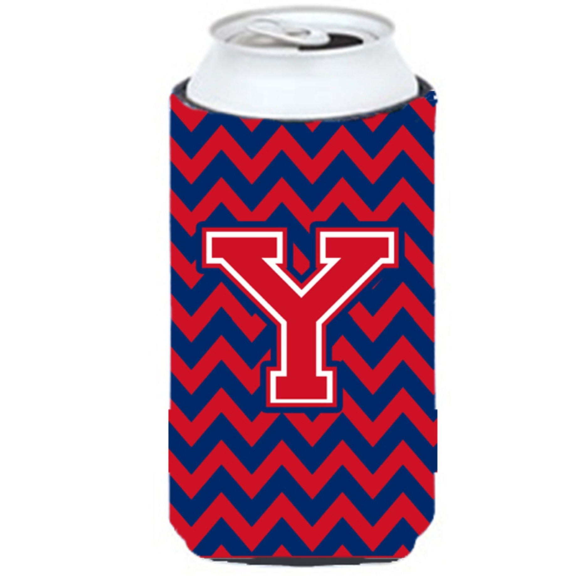 Letter Y Chevron  Yale Blue and Crimson Tall Boy Beverage Insulator Hugger CJ1054-YTBC