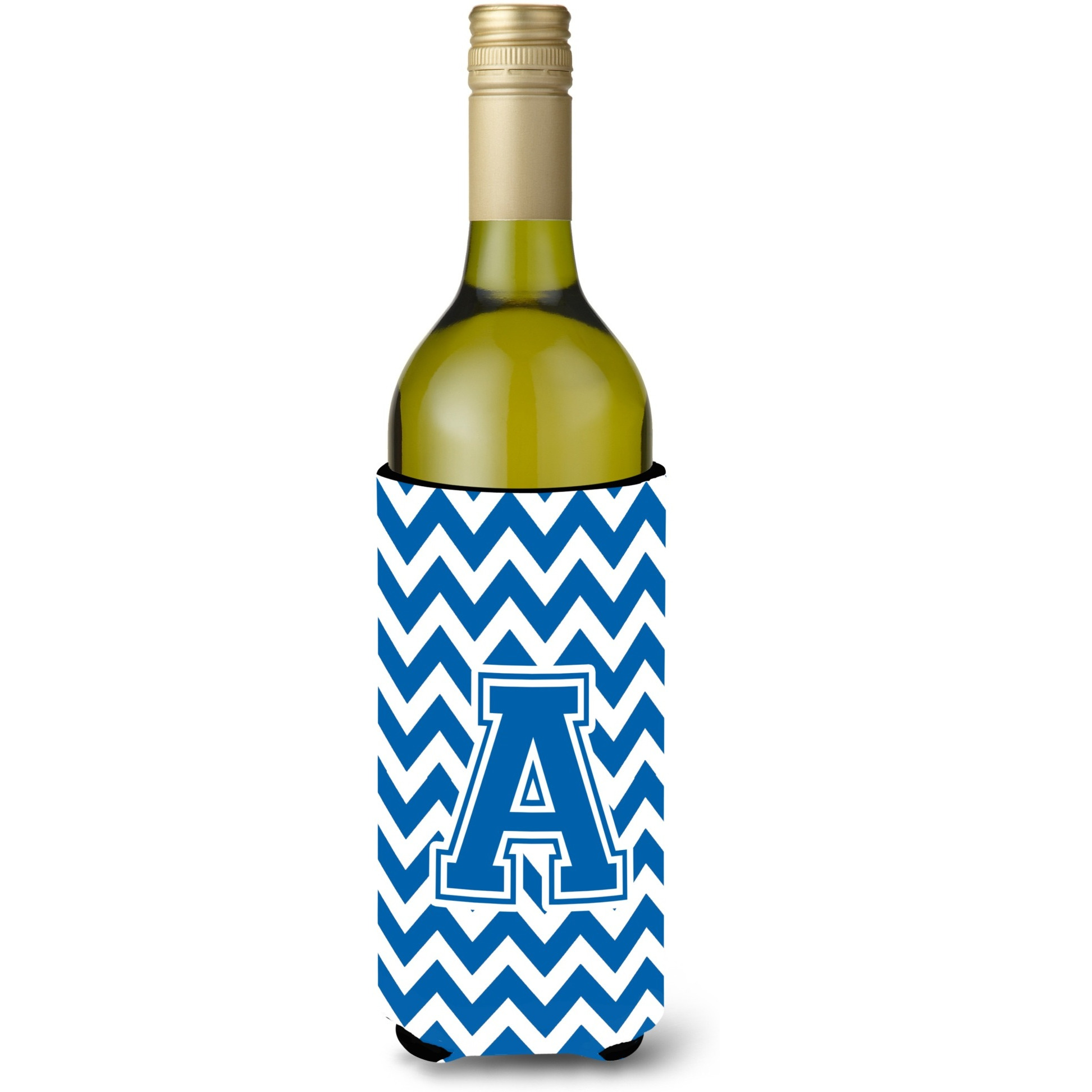 Letter A Chevron Blue and White Wine Bottle Beverage Insulator Hugger CJ1056-ALITERK