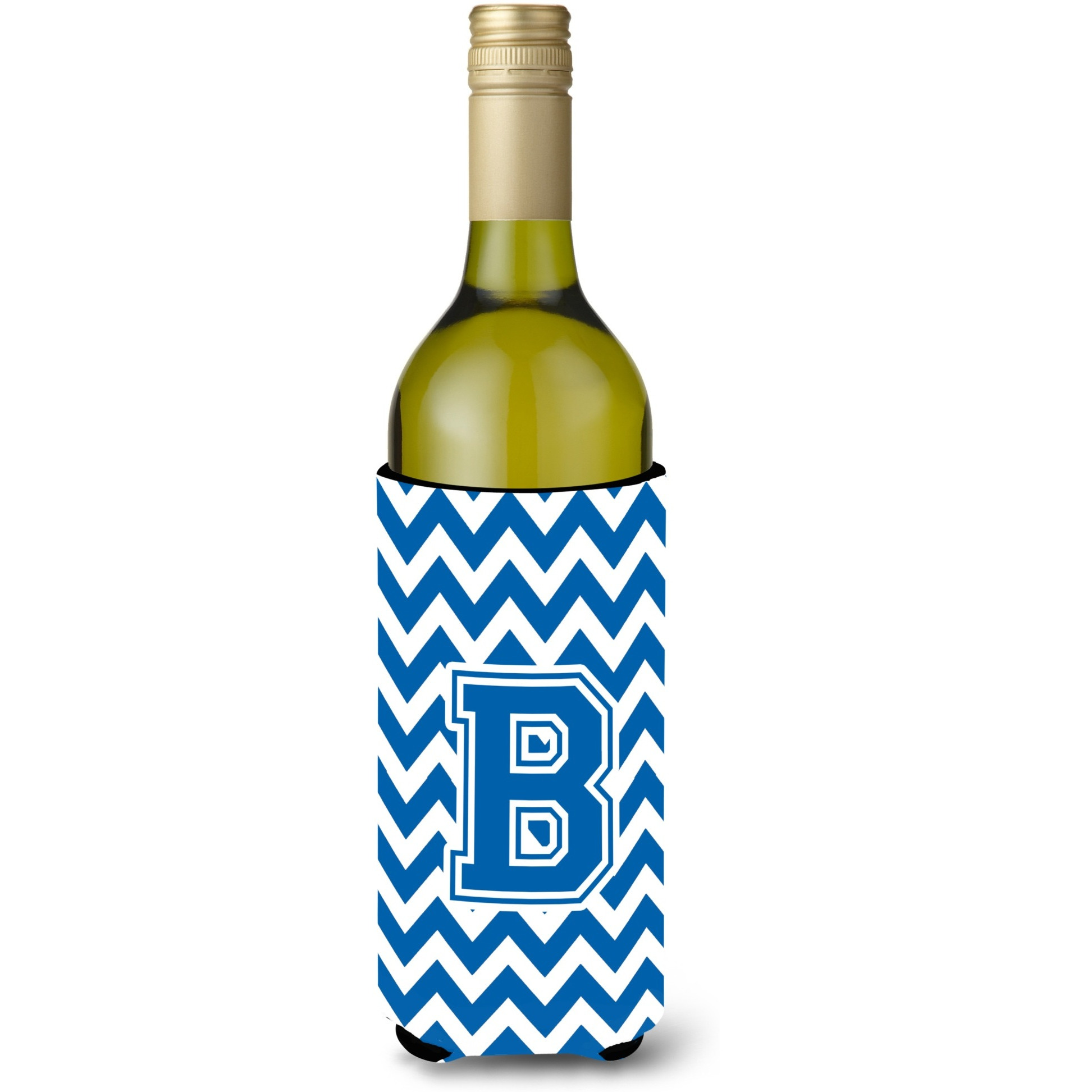 Letter B Chevron Blue and White Wine Bottle Beverage Insulator Hugger CJ1056-BLITERK