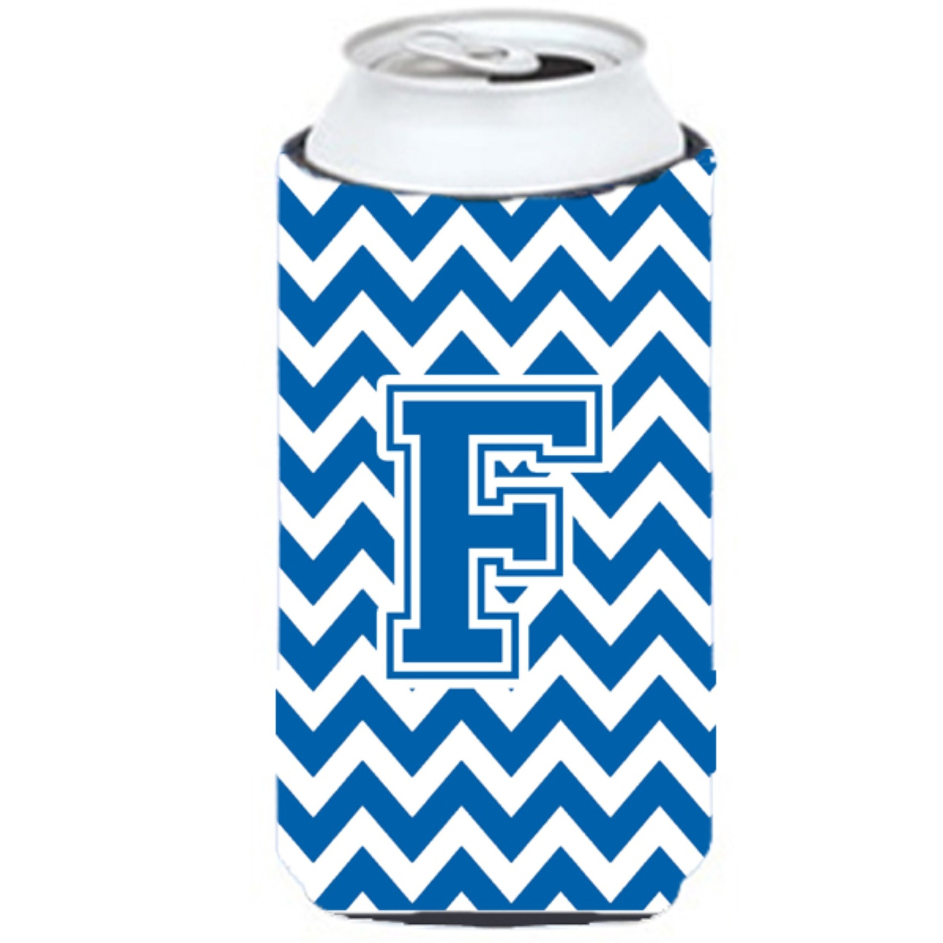 Letter F Chevron Blue and White Tall Boy Beverage Insulator Hugger CJ1056-FTBC
