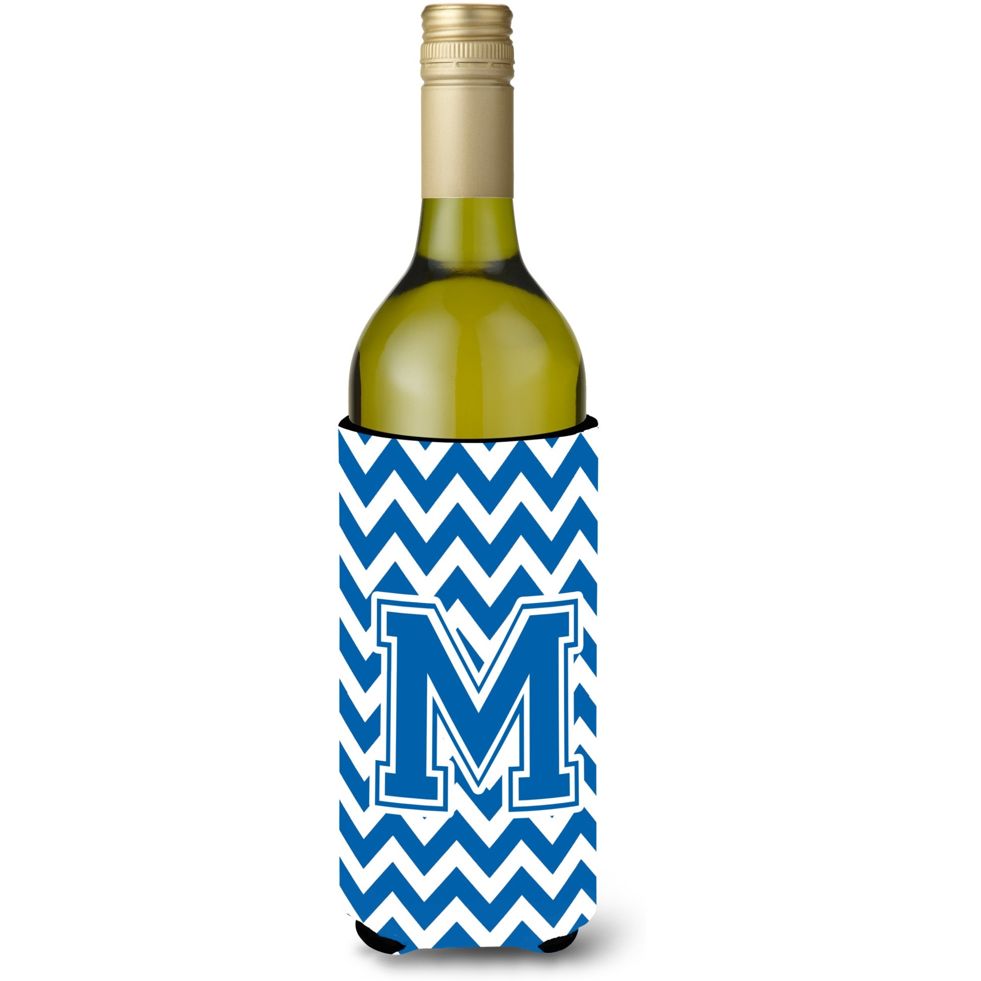 Letter M Chevron Blue and White Wine Bottle Beverage Insulator Hugger CJ1056-MLITERK
