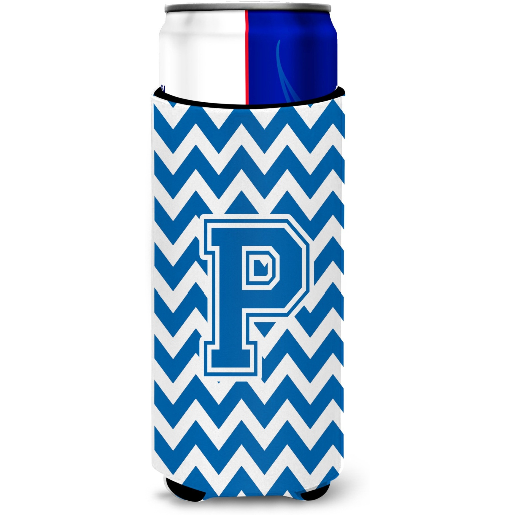 Letter P Chevron Blue and White Ultra Beverage Insulators for slim cans CJ1056-PMUK