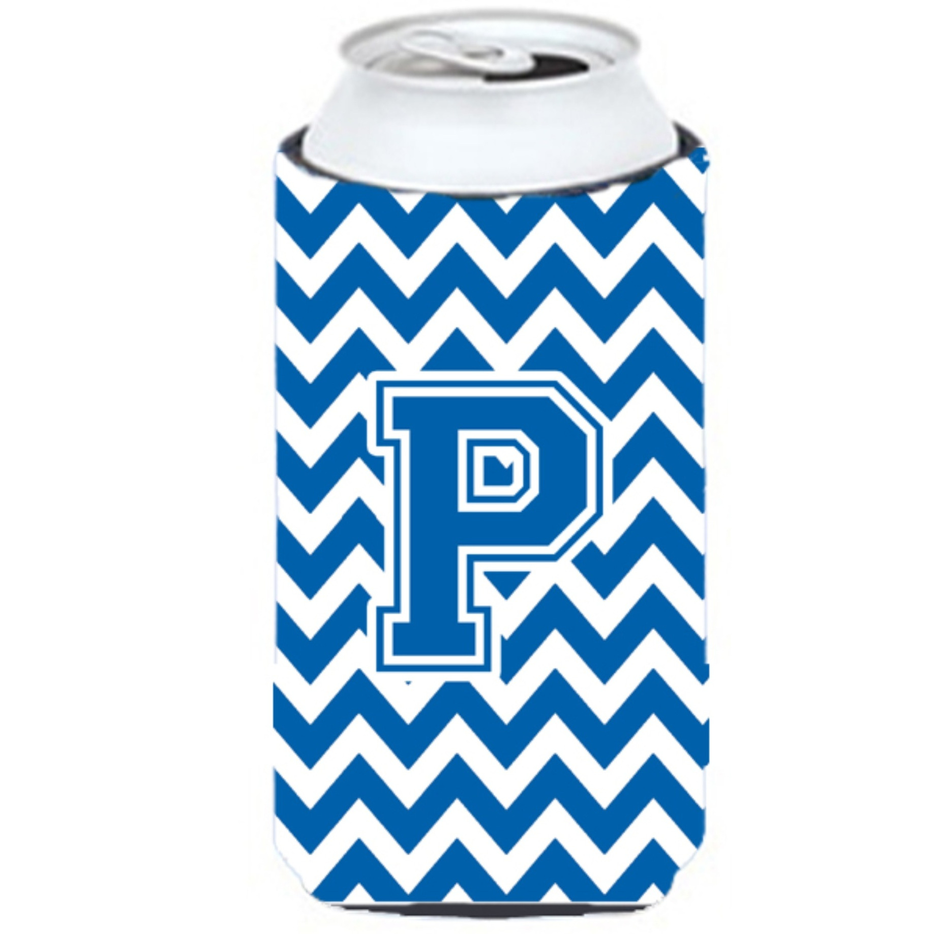 Letter P Chevron Blue and White Tall Boy Beverage Insulator Hugger CJ1056-PTBC