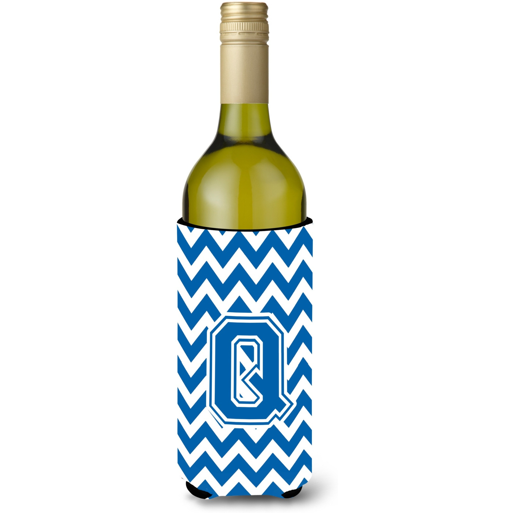 Letter Q Chevron Blue and White Wine Bottle Beverage Insulator Hugger CJ1056-QLITERK