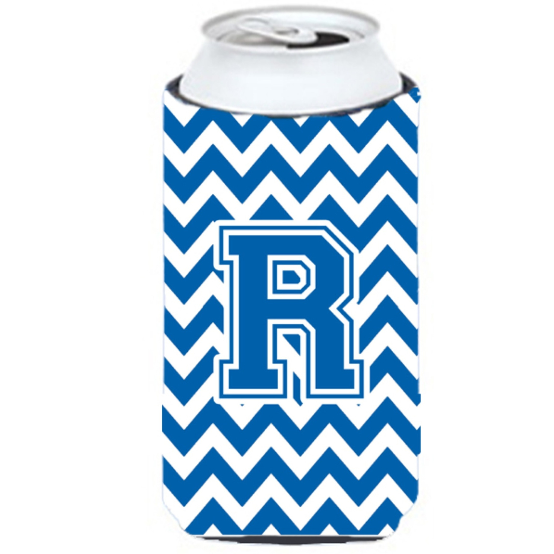 Letter R Chevron Blue and White Tall Boy Beverage Insulator Hugger CJ1056-RTBC