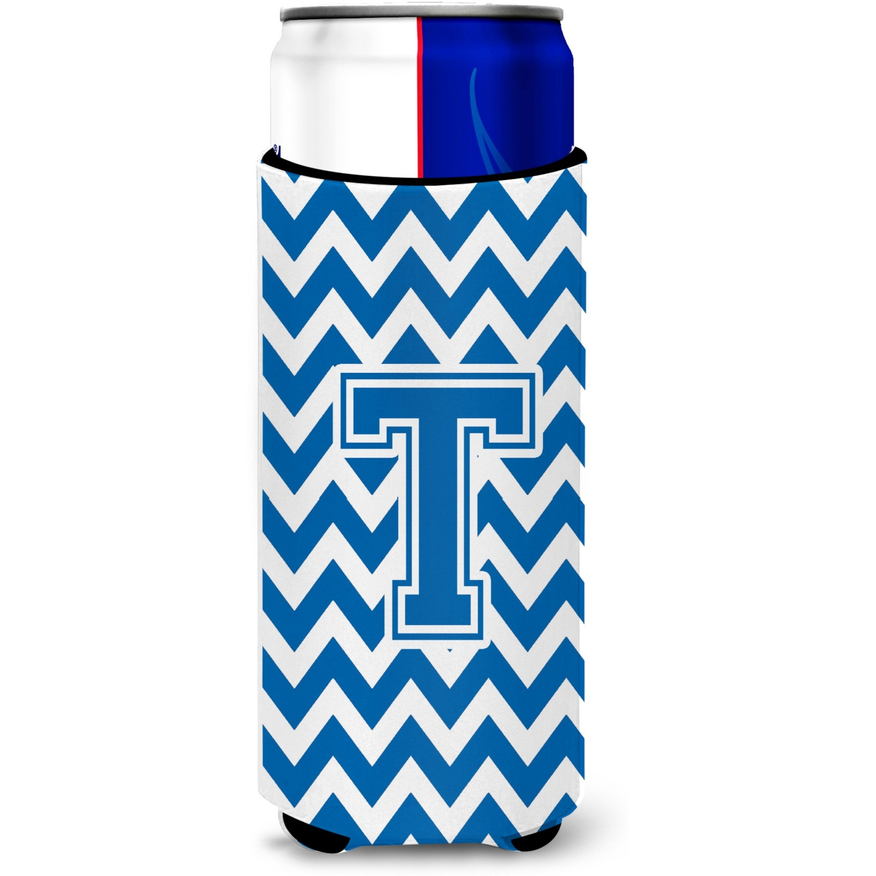 Letter T Chevron Blue and White Ultra Beverage Insulators for slim cans CJ1056-TMUK