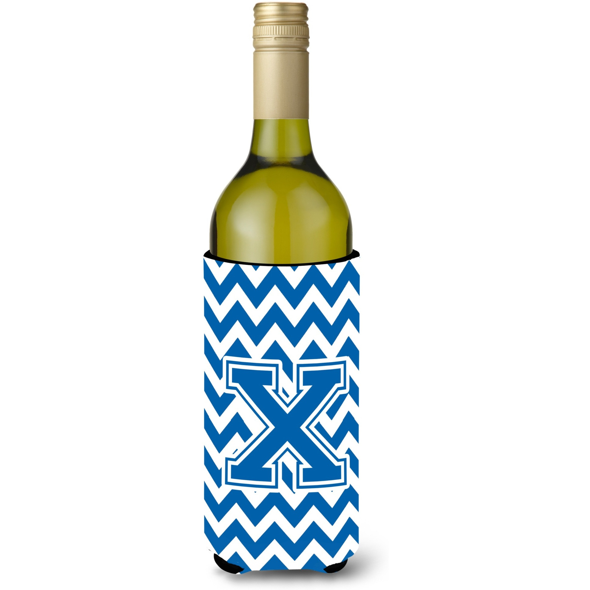 Letter X Chevron Blue and White Wine Bottle Beverage Insulator Hugger CJ1056-XLITERK