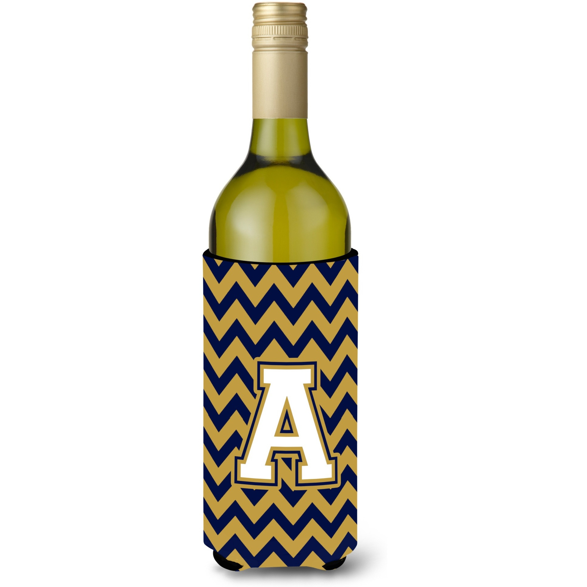 Letter A Chevron Navy Blue and Gold Wine Bottle Beverage Insulator Hugger CJ1057-ALITERK