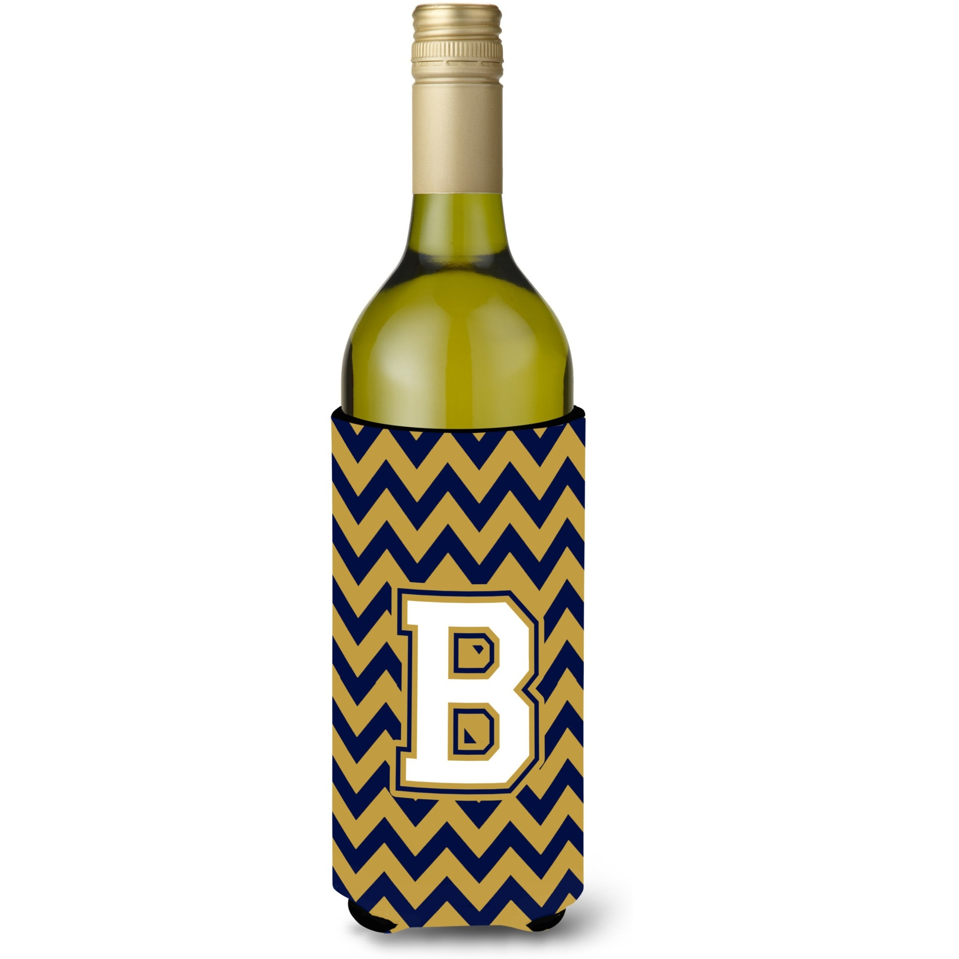 Letter B Chevron Navy Blue and Gold Wine Bottle Beverage Insulator Hugger CJ1057-BLITERK