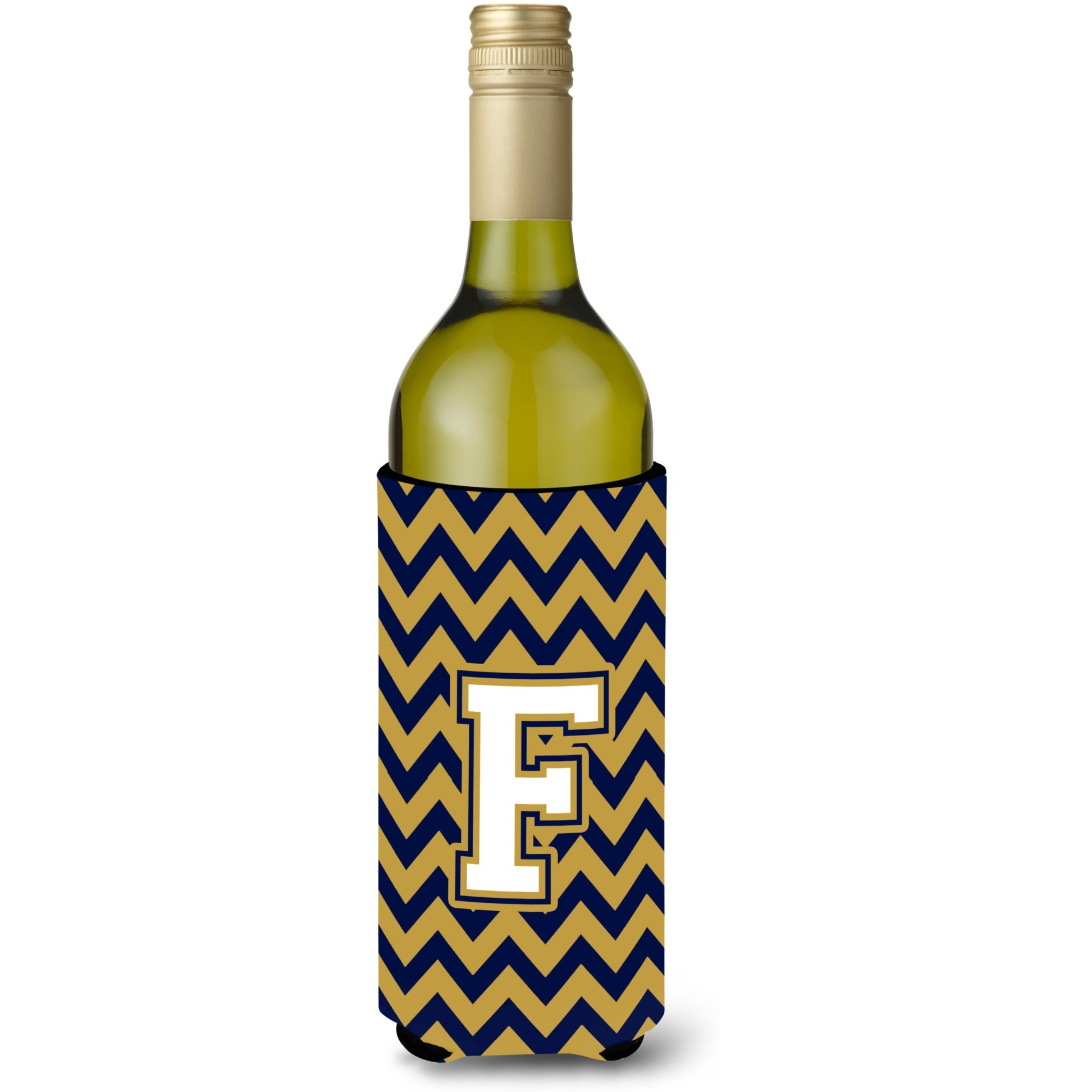 Letter F Chevron Navy Blue and Gold Wine Bottle Beverage Insulator Hugger CJ1057-FLITERK