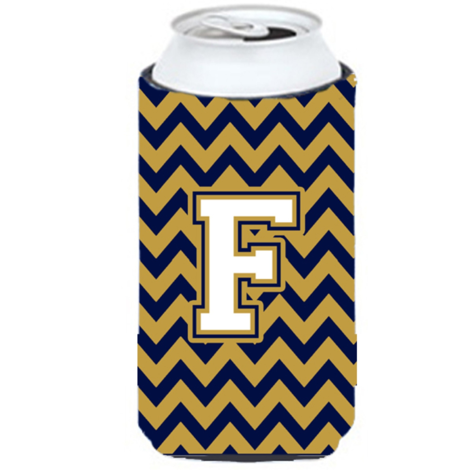 Letter F Chevron Navy Blue and Gold Tall Boy Beverage Insulator Hugger CJ1057-FTBC