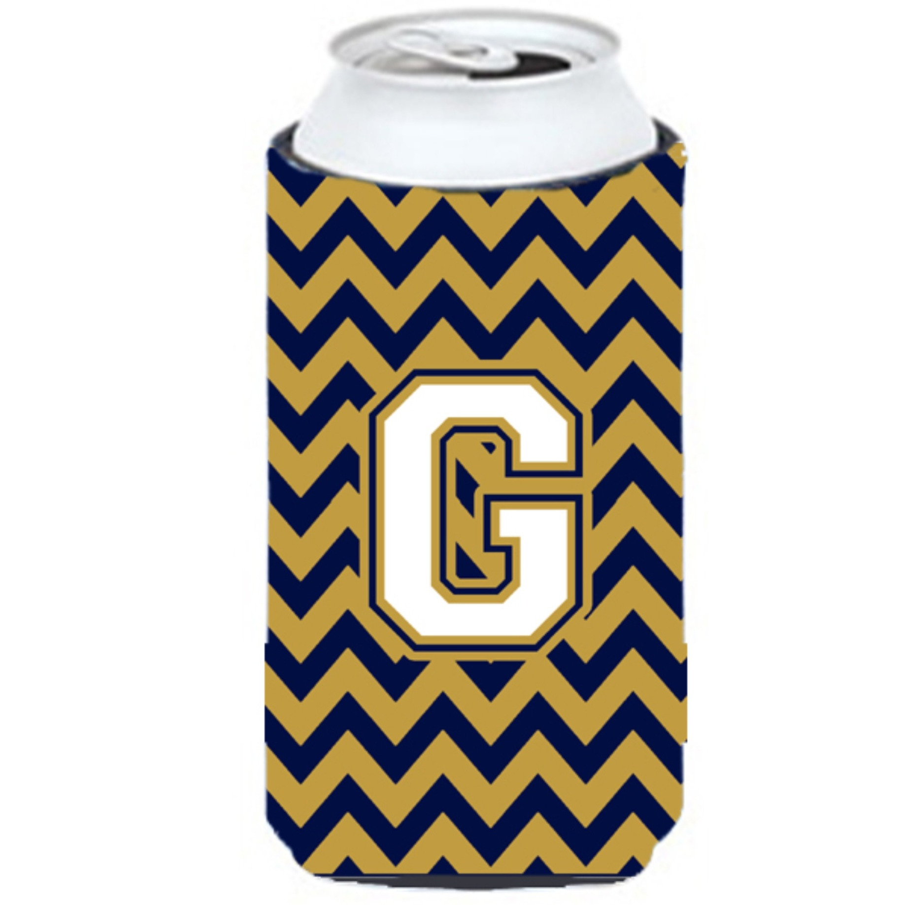 Letter G Chevron Navy Blue and Gold Tall Boy Beverage Insulator Hugger CJ1057-GTBC