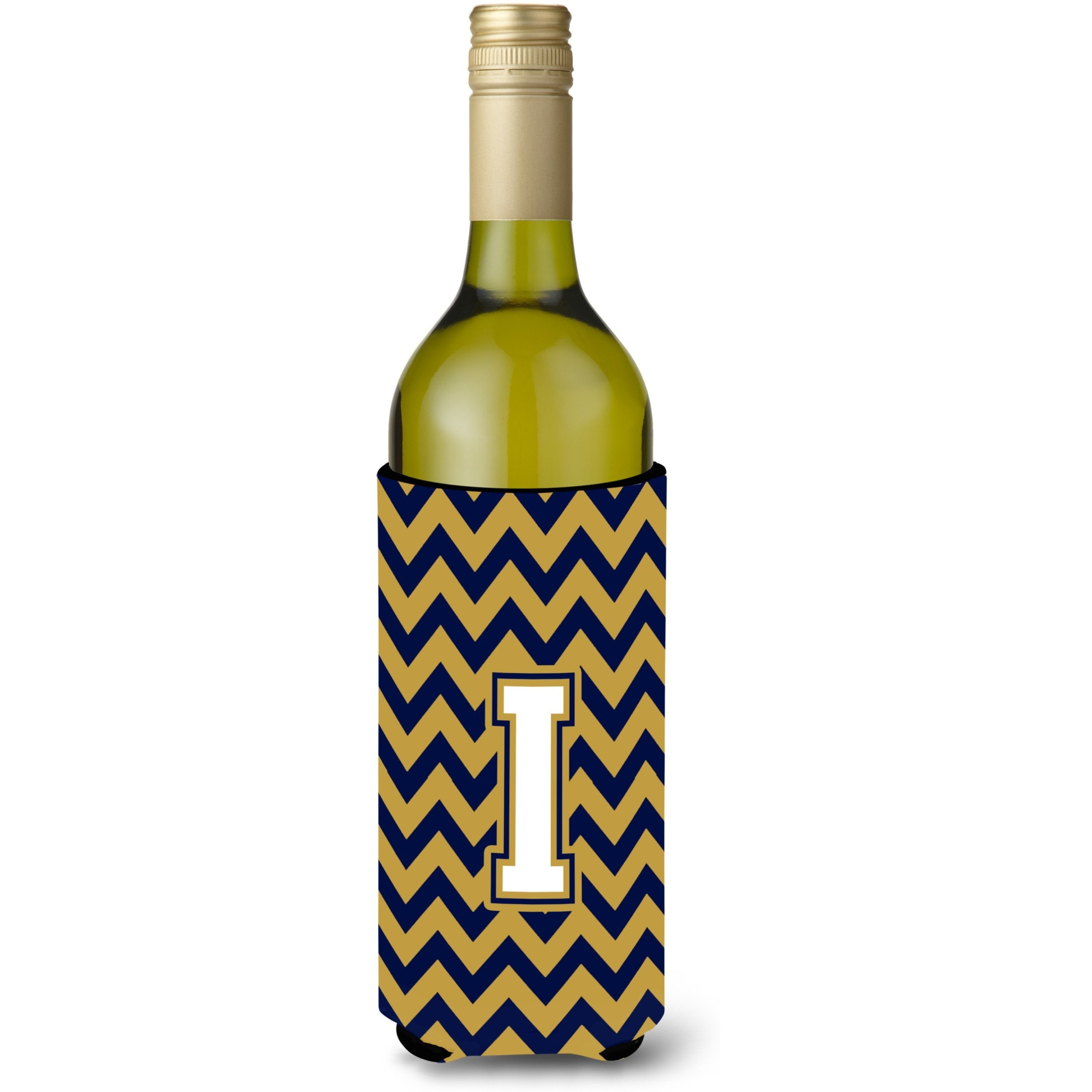 Letter I Chevron Navy Blue and Gold Wine Bottle Beverage Insulator Hugger CJ1057-ILITERK