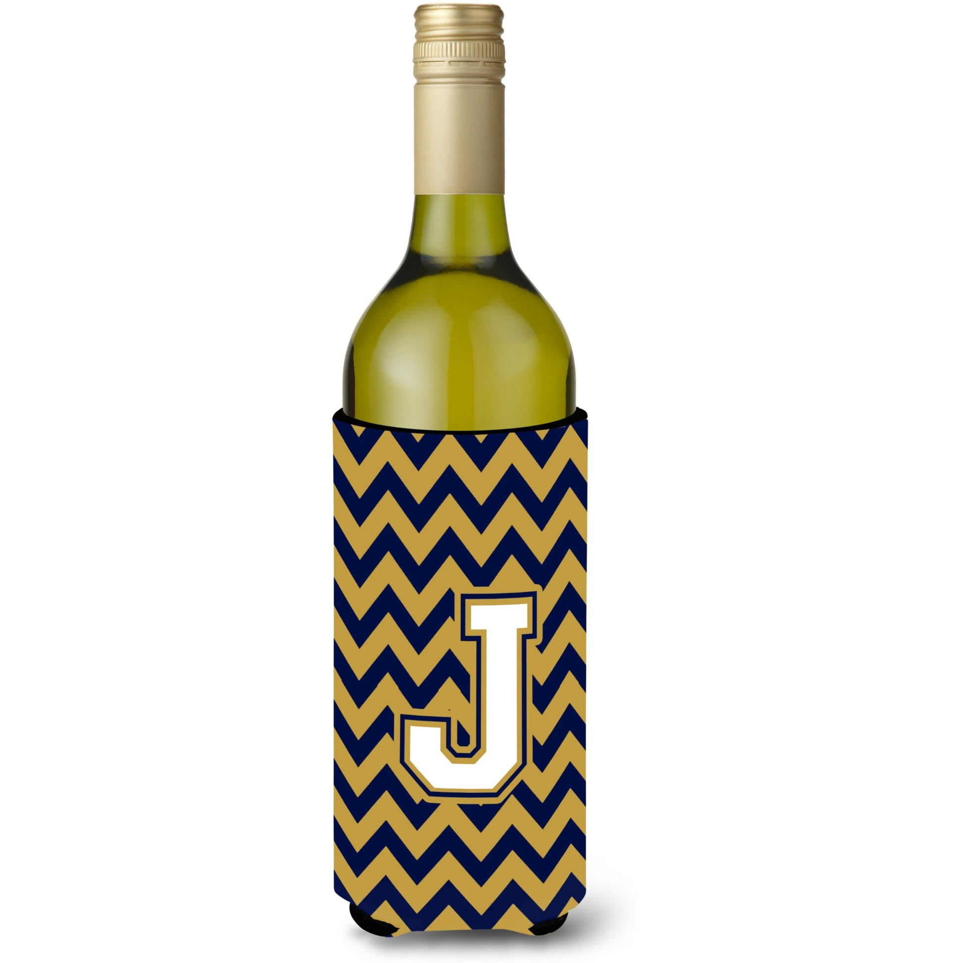 Letter J Chevron Navy Blue and Gold Wine Bottle Beverage Insulator Hugger CJ1057-JLITERK