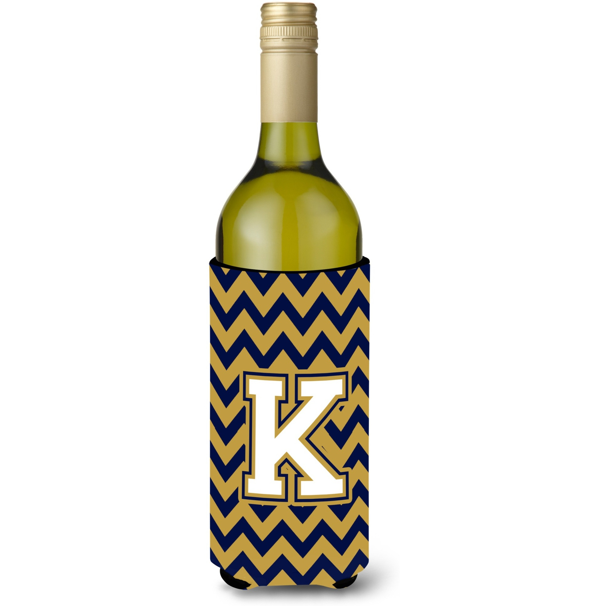 Letter K Chevron Navy Blue and Gold Wine Bottle Beverage Insulator Hugger CJ1057-KLITERK